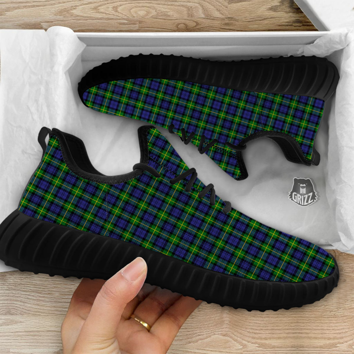 Tartan Green And Blue Print Pattern Black Walking Shoes-grizzshop