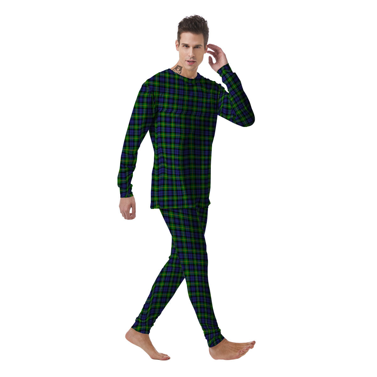 Tartan Green And Blue Print Pattern Men's Pajamas-grizzshop