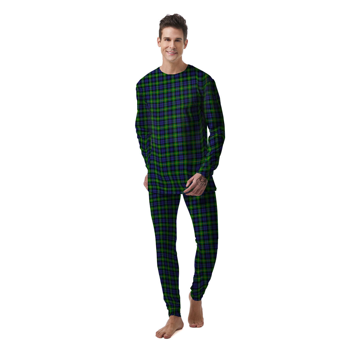 Tartan Green And Blue Print Pattern Men's Pajamas-grizzshop