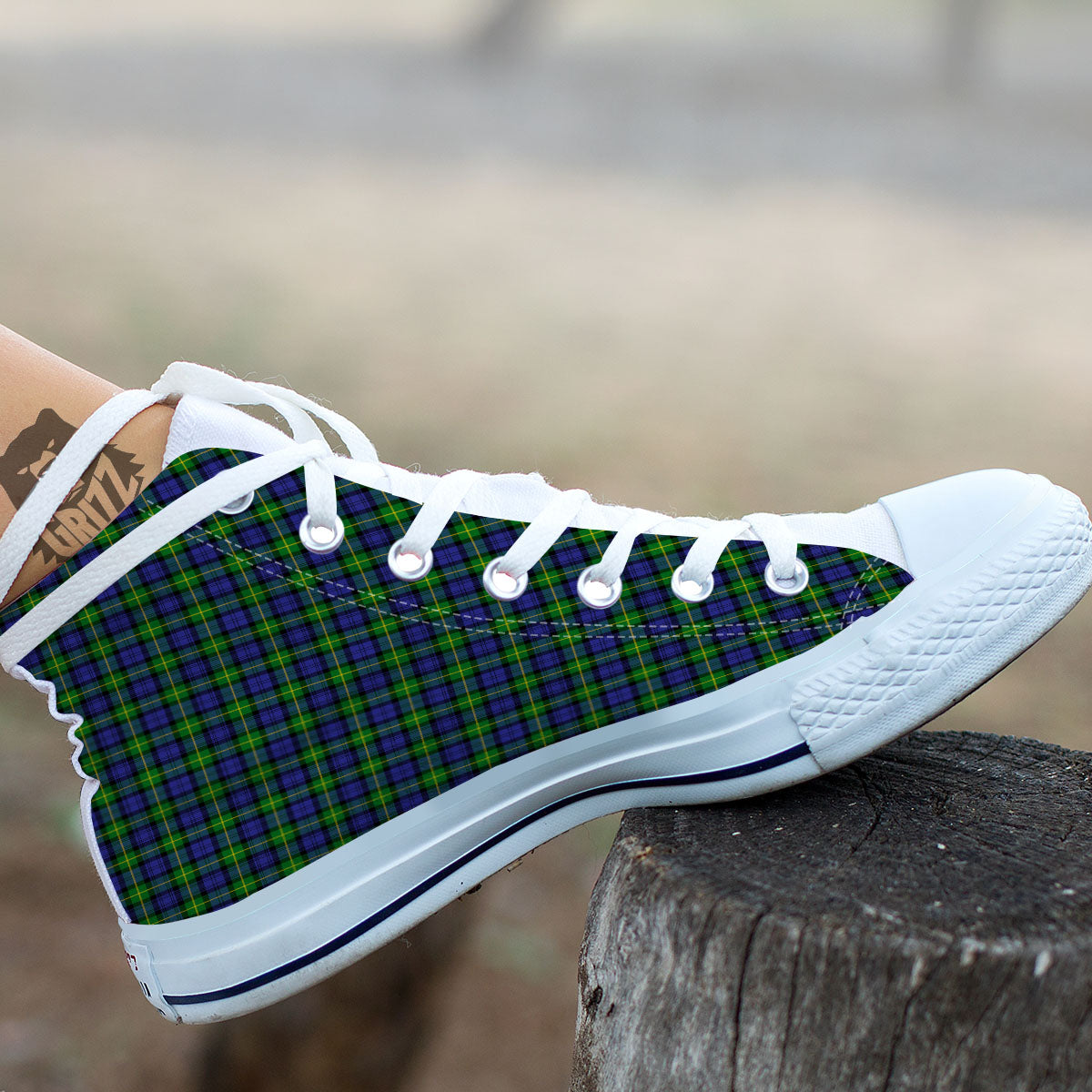 Tartan Green And Blue Print Pattern White High Top Shoes-grizzshop