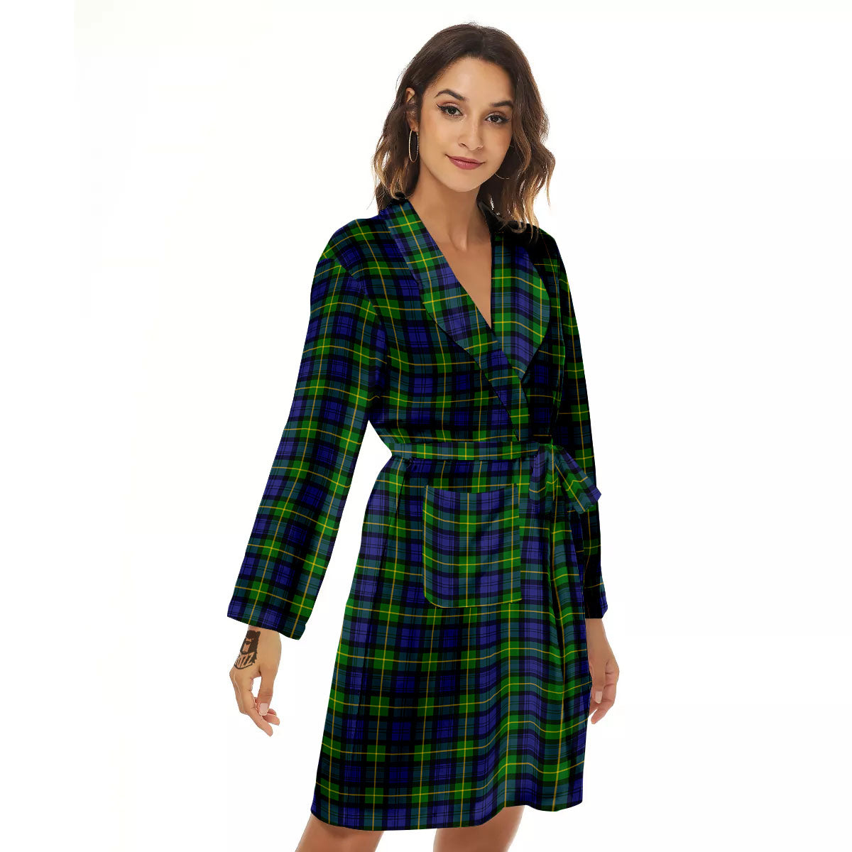 Tartan Green And Blue Print Pattern Women's Robe-grizzshop
