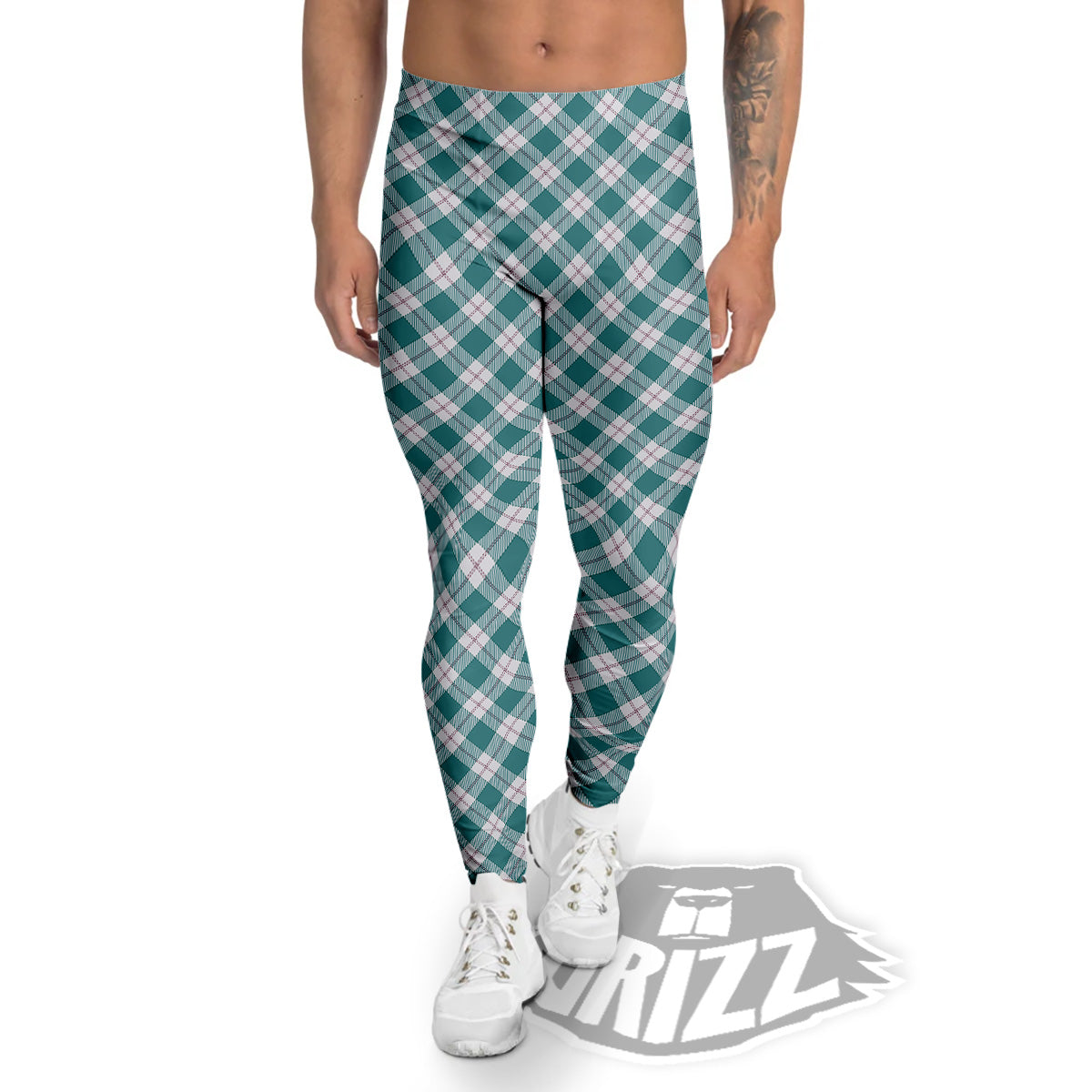Tartan Green Red And White Print Men's Leggings-grizzshop