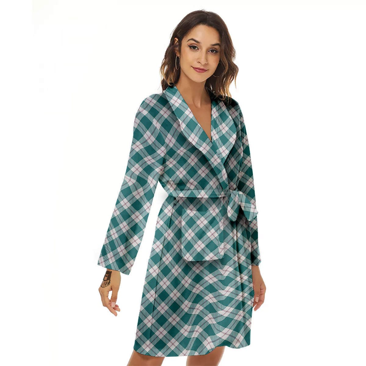 Tartan Green Red And White Print Women's Robe-grizzshop