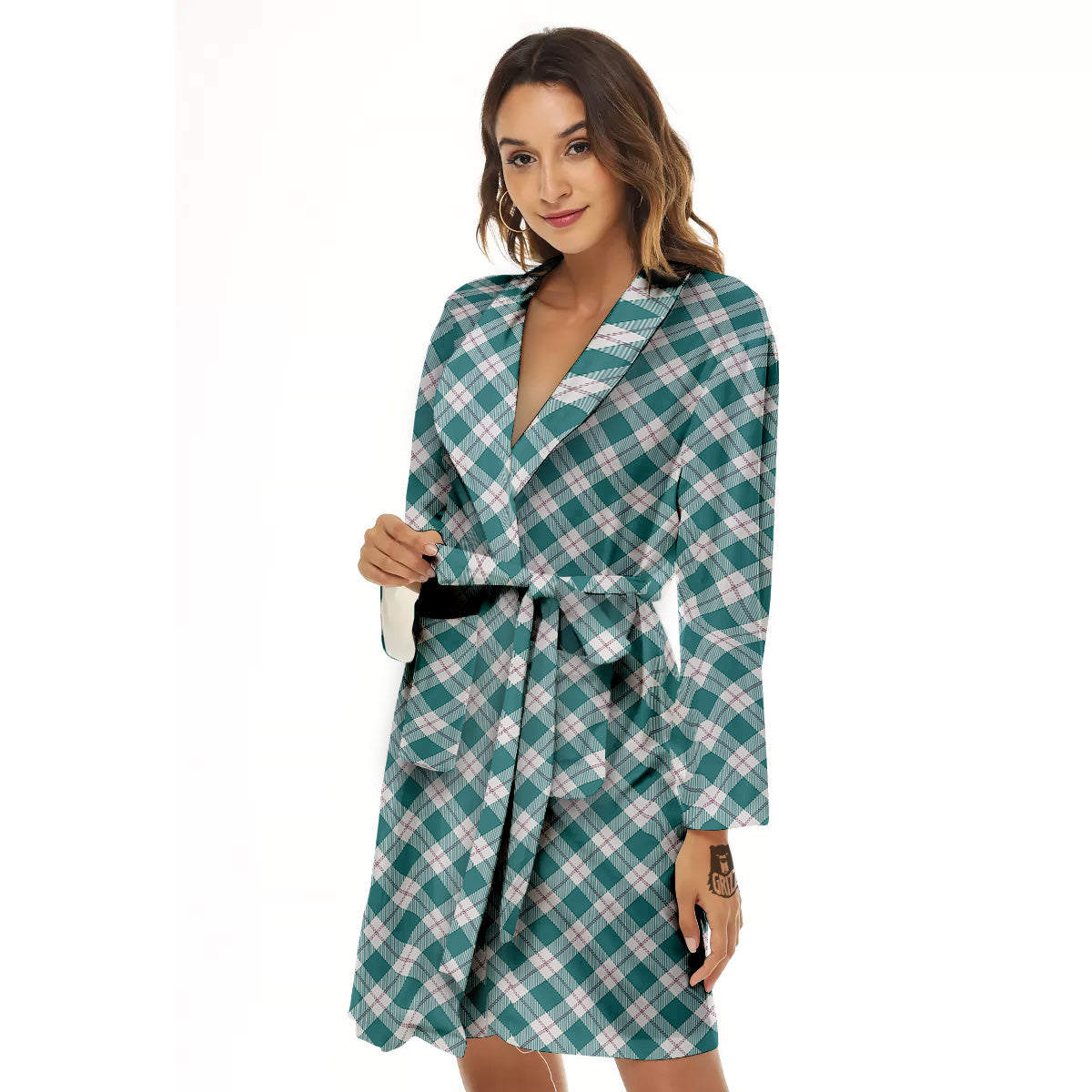 Tartan Green Red And White Print Women's Robe-grizzshop
