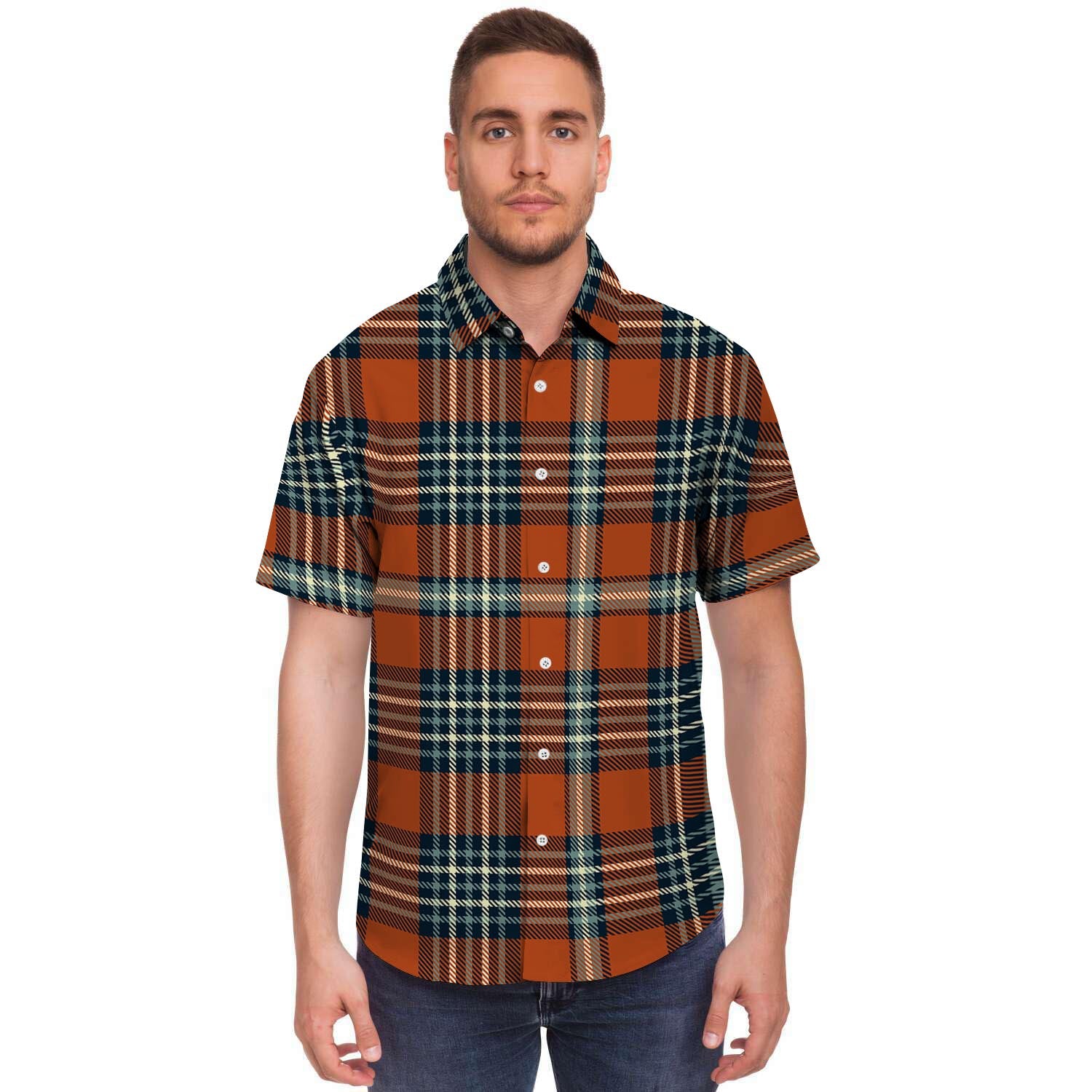 Tartan Orange Plaid Men's Short Sleeve Shirt-grizzshop