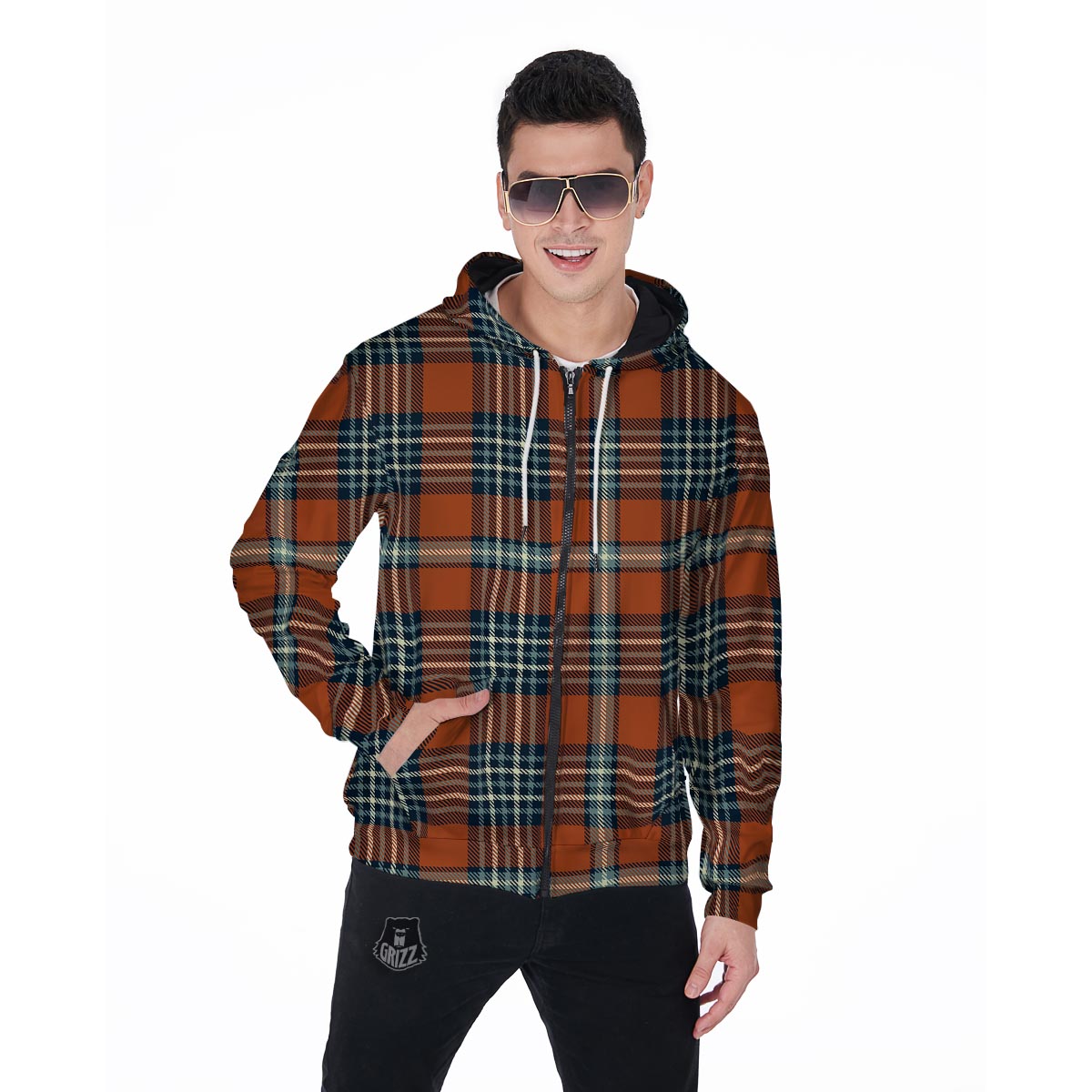 Tartan Orange Plaid Men's Zip Up Hoodie-grizzshop