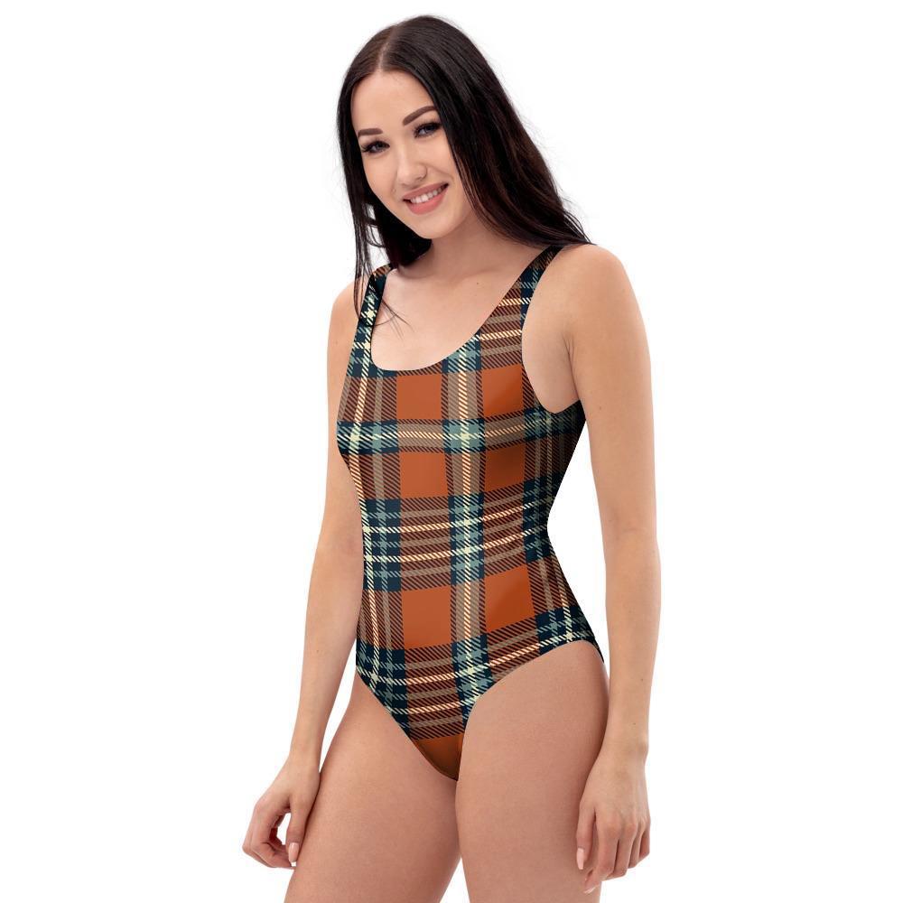 Tartan Orange Plaid One Piece Swimsuite-grizzshop