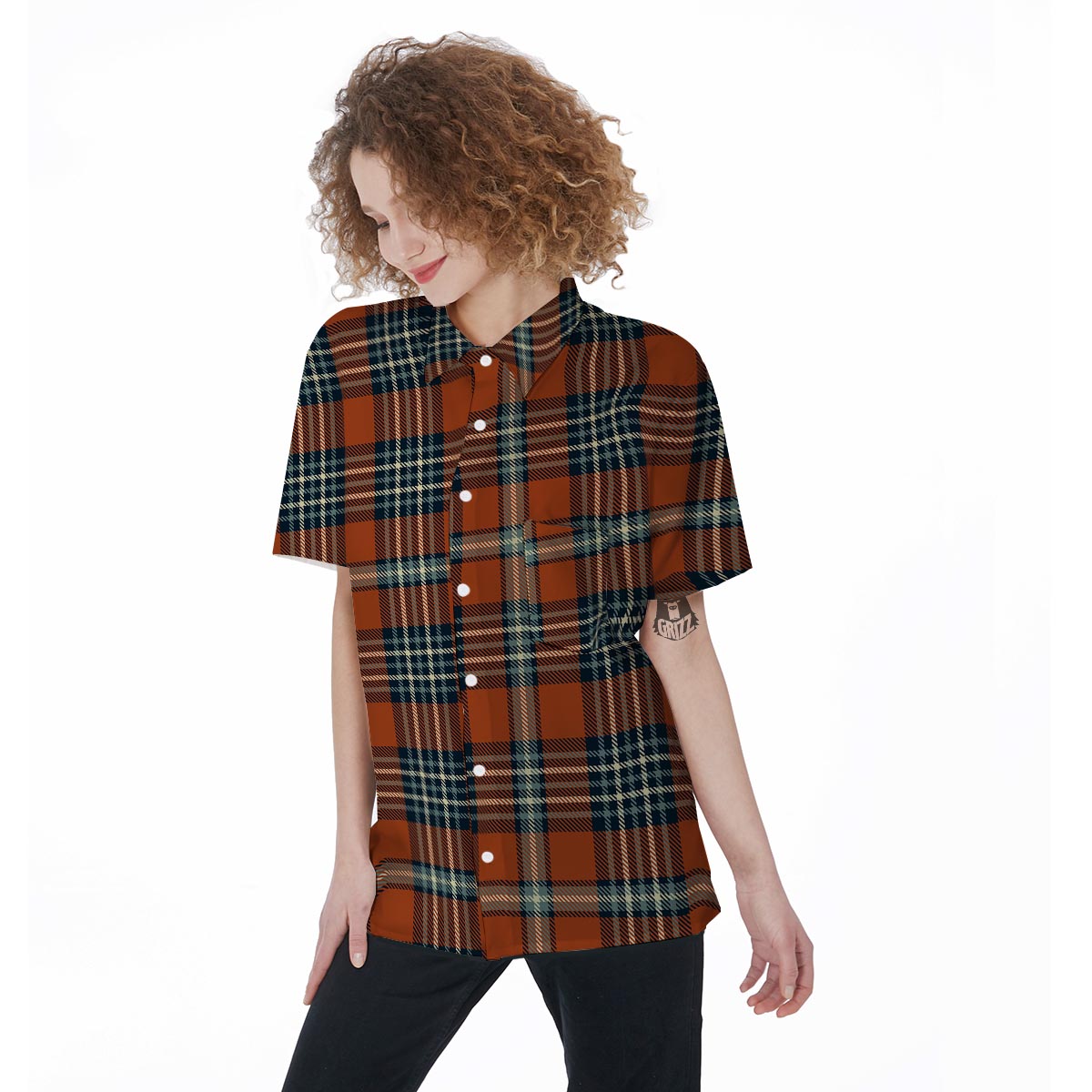 Tartan Orange Plaid Women's Short Sleeve Shirts-grizzshop