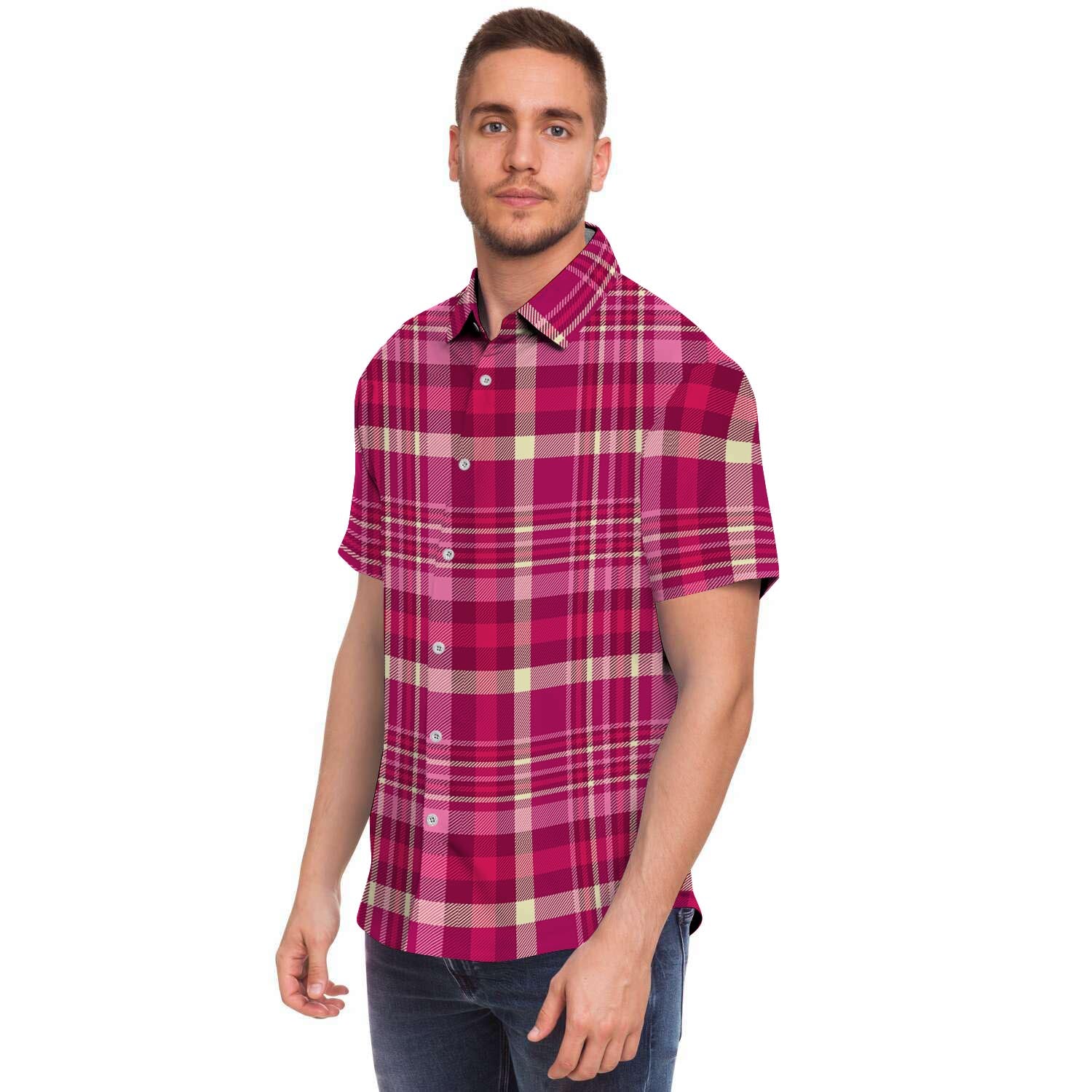 Tartan Pink Plaid Men's Short Sleeve Shirt-grizzshop