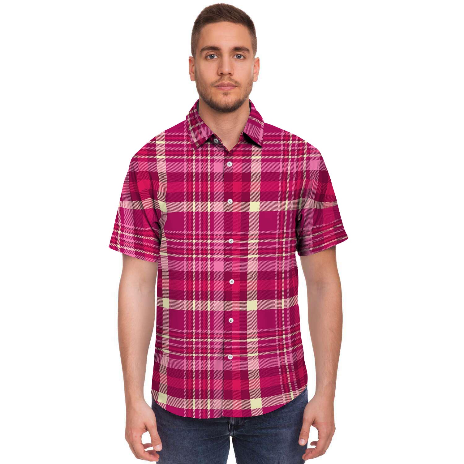 Tartan Pink Plaid Men's Short Sleeve Shirt-grizzshop
