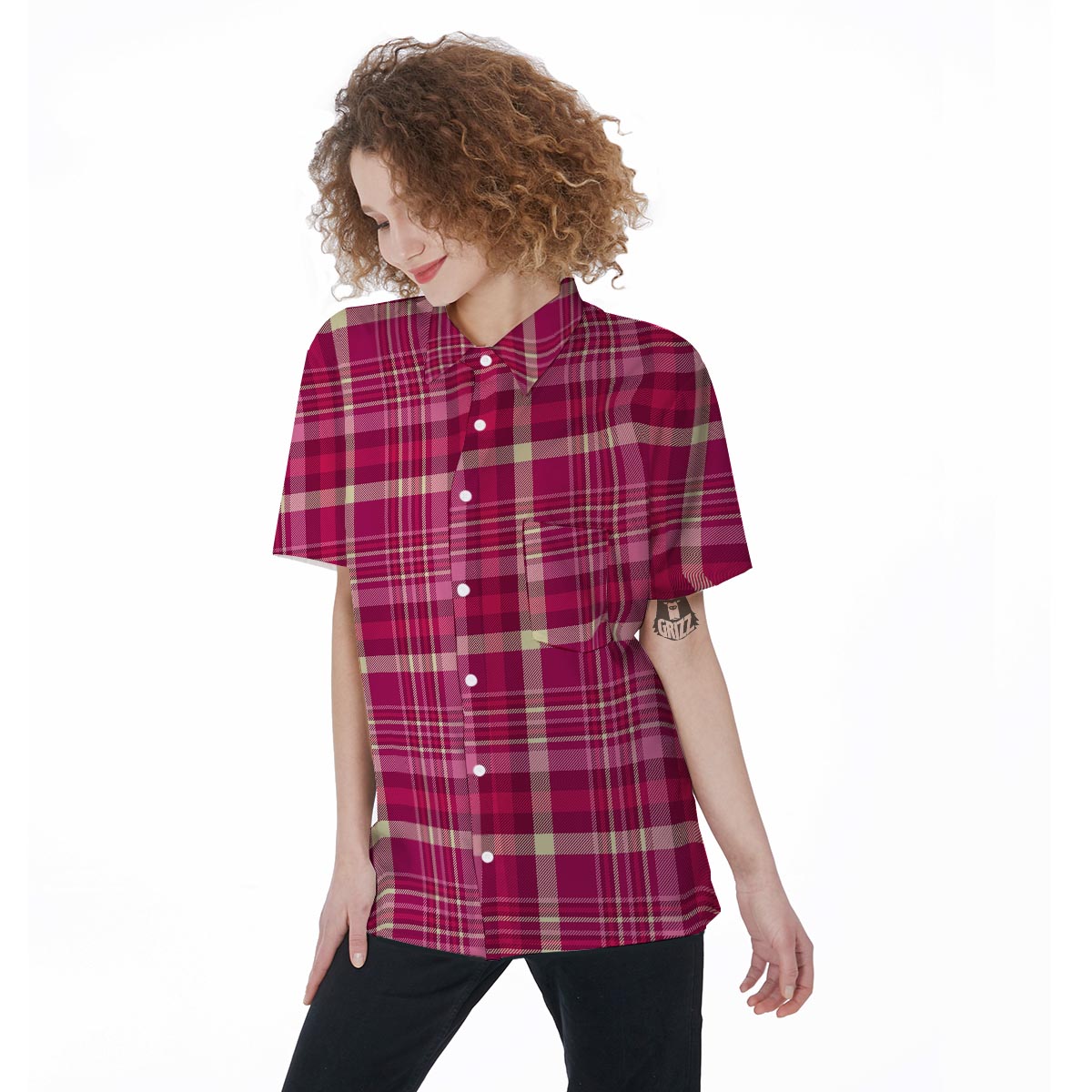 Tartan Pink Plaid Women's Short Sleeve Shirts-grizzshop