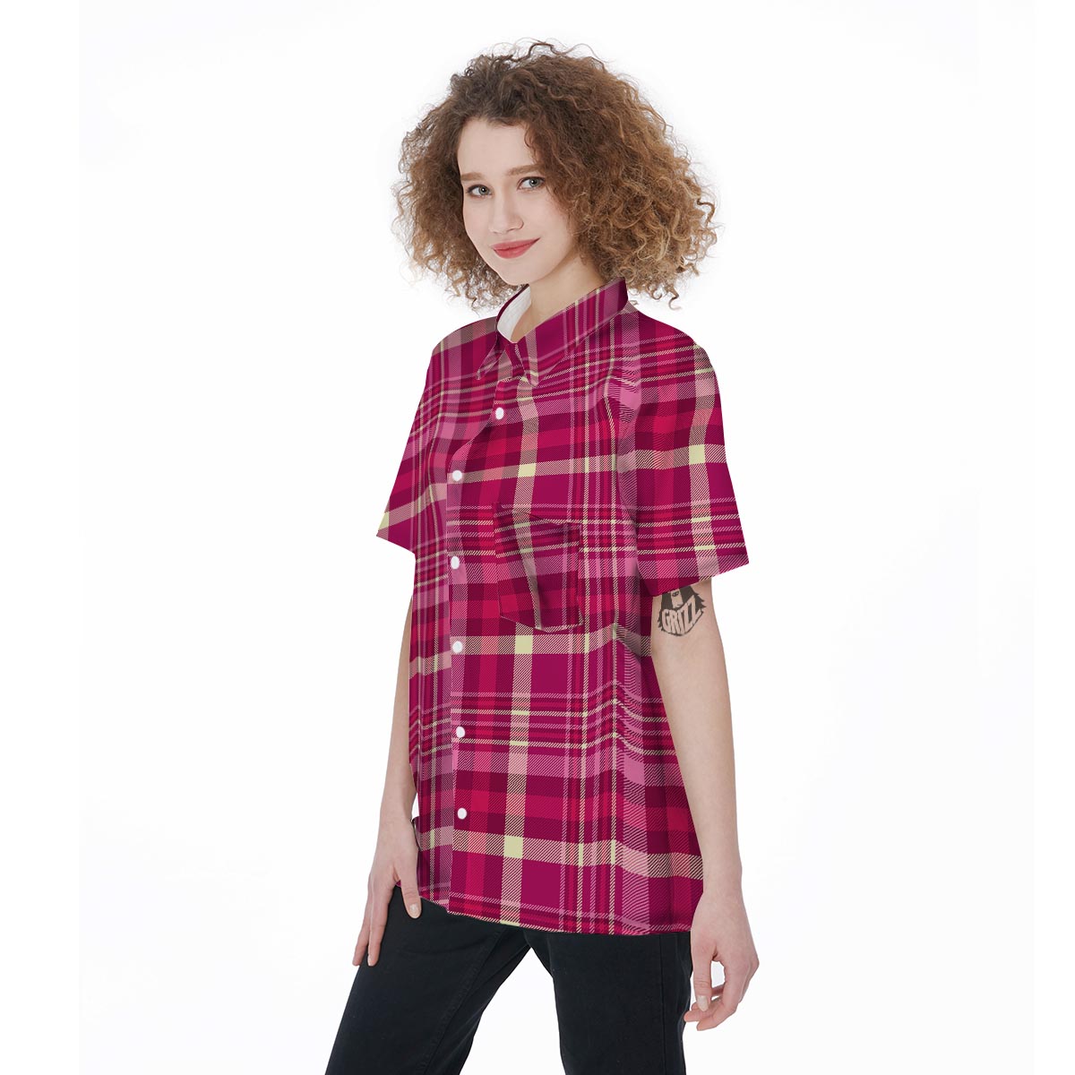 Tartan Pink Plaid Women's Short Sleeve Shirts-grizzshop