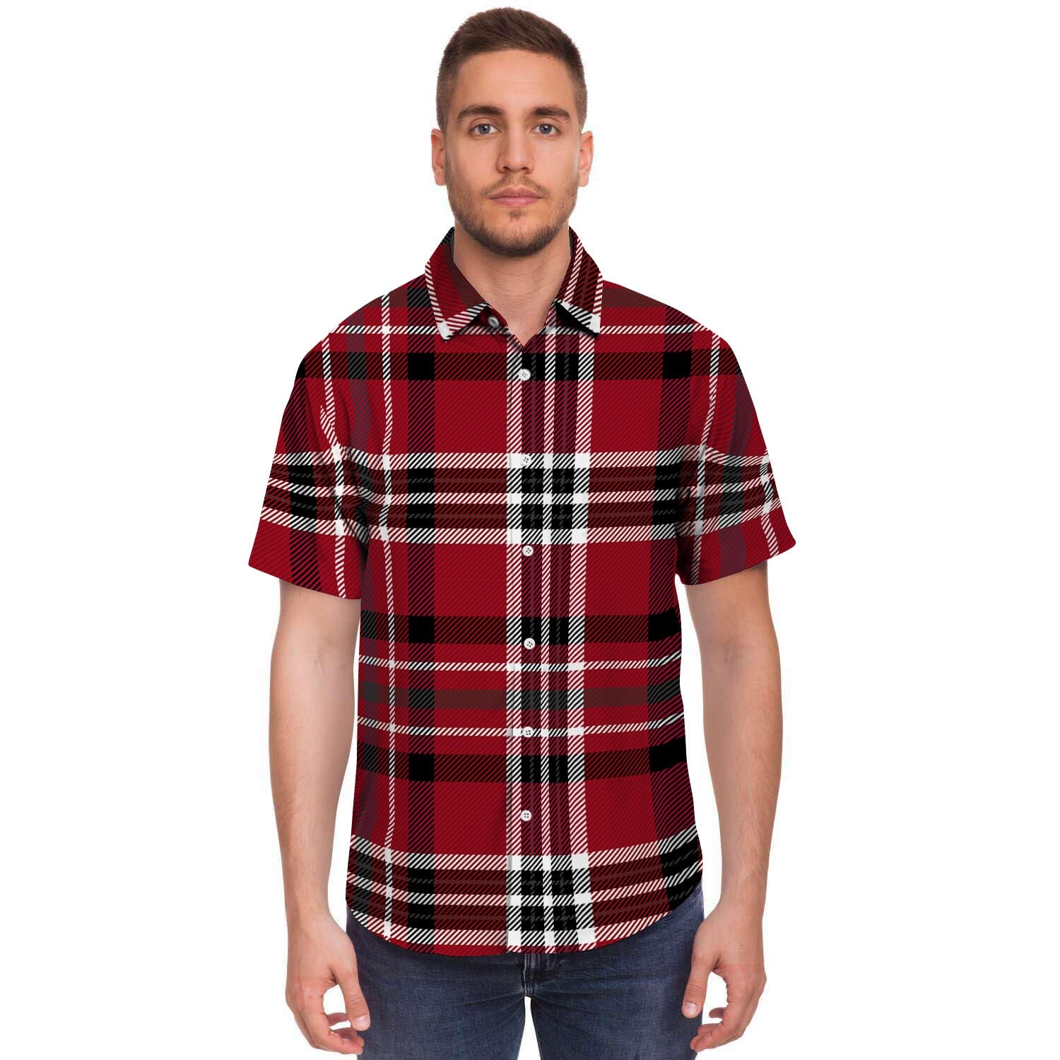 Tartan Plaid Print Men's Short Sleeve Shirt-grizzshop