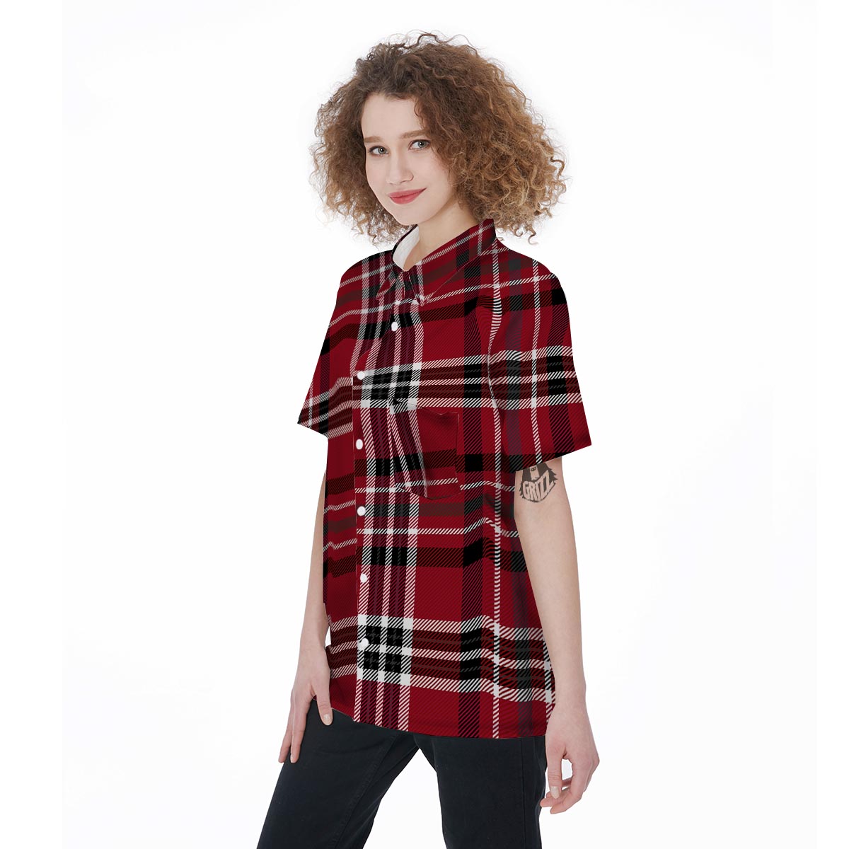 Tartan Plaid Print Women's Short Sleeve Shirts-grizzshop