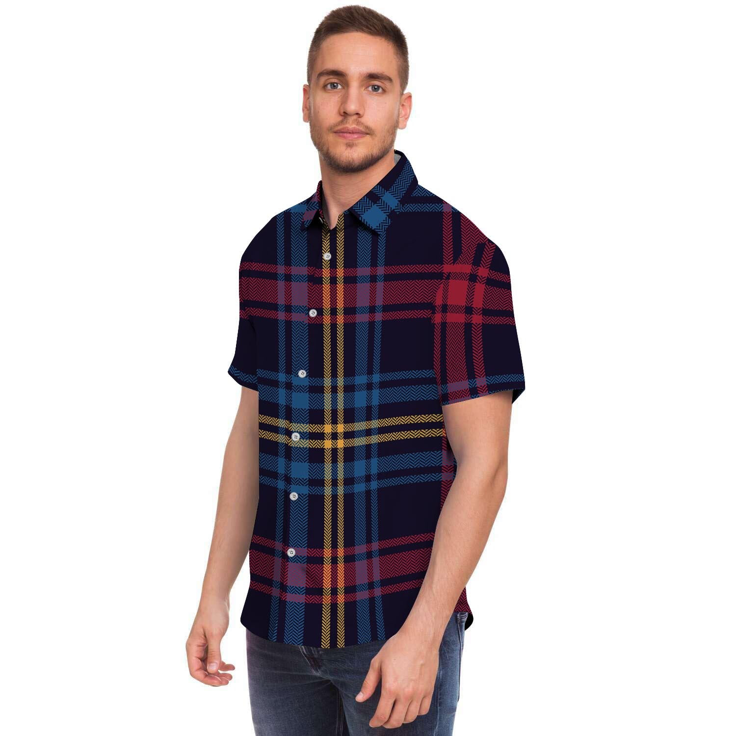 Tartan Print Men's Short Sleeve Shirt-grizzshop