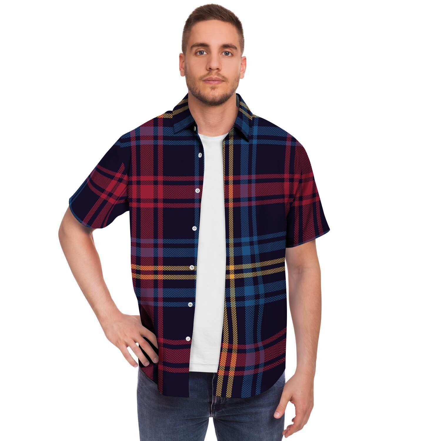 Tartan Print Men's Short Sleeve Shirt-grizzshop