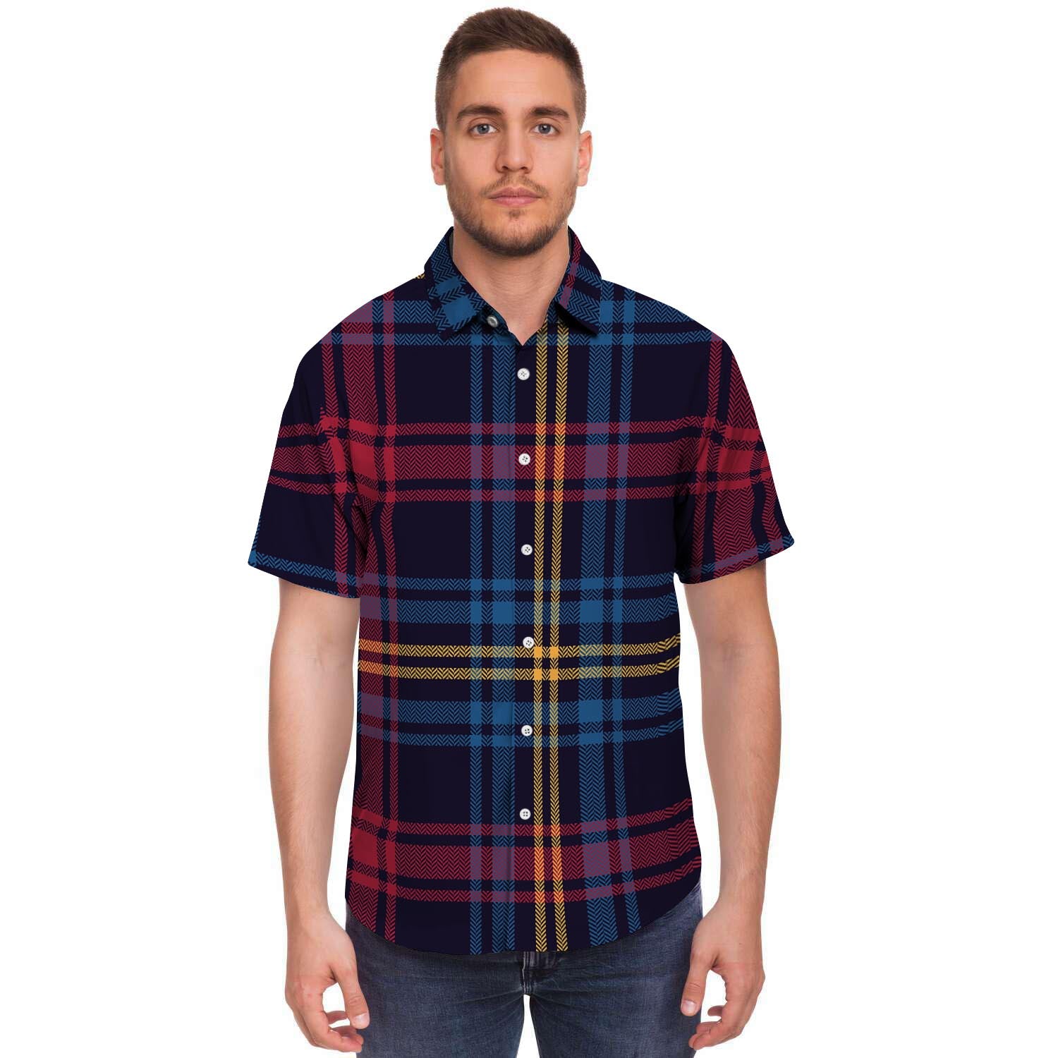 Tartan Print Men's Short Sleeve Shirt-grizzshop