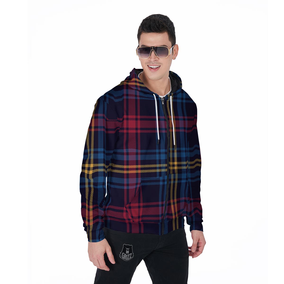 Tartan Print Men's Zip Up Hoodie-grizzshop