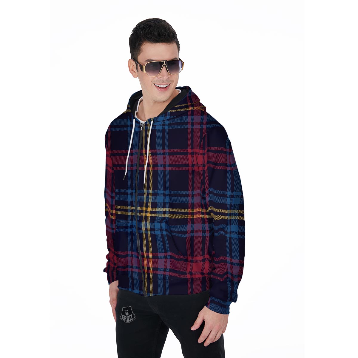 Tartan Print Men's Zip Up Hoodie-grizzshop