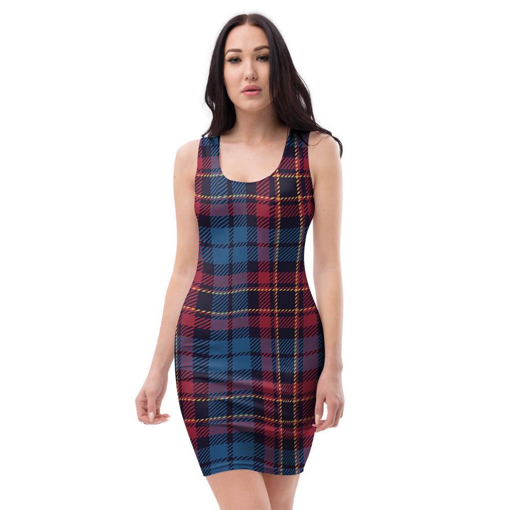 Tartan Red And Blue Plaid Bodycon Dress-grizzshop