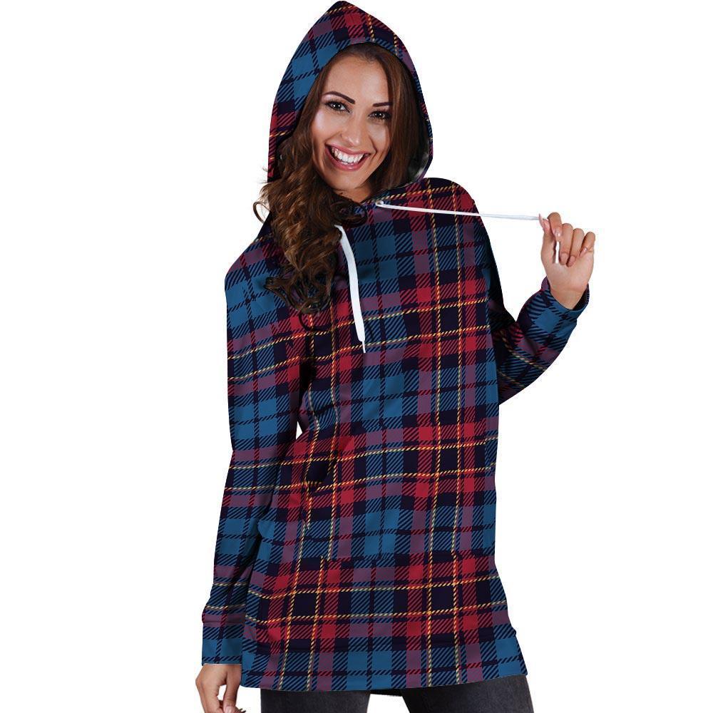 Tartan Red And Blue Plaid Hoodie Dress-grizzshop