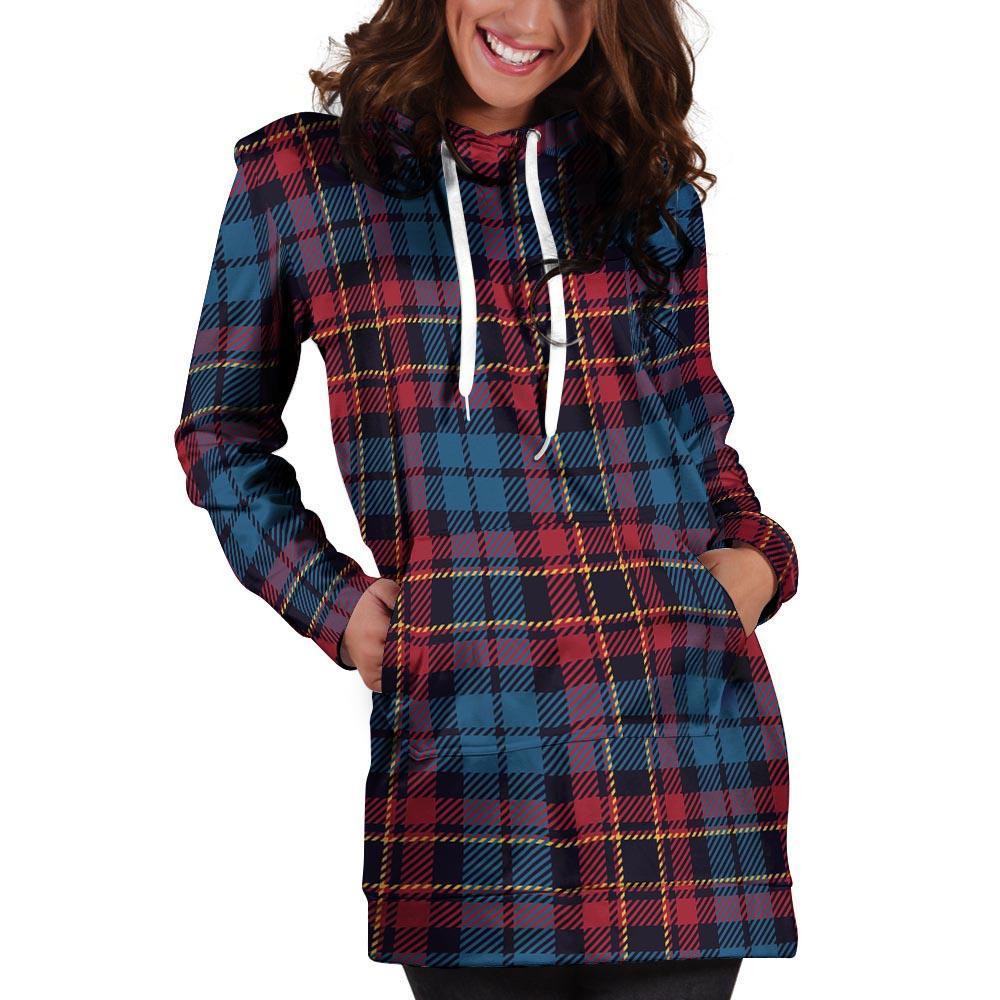 Tartan Red And Blue Plaid Hoodie Dress-grizzshop