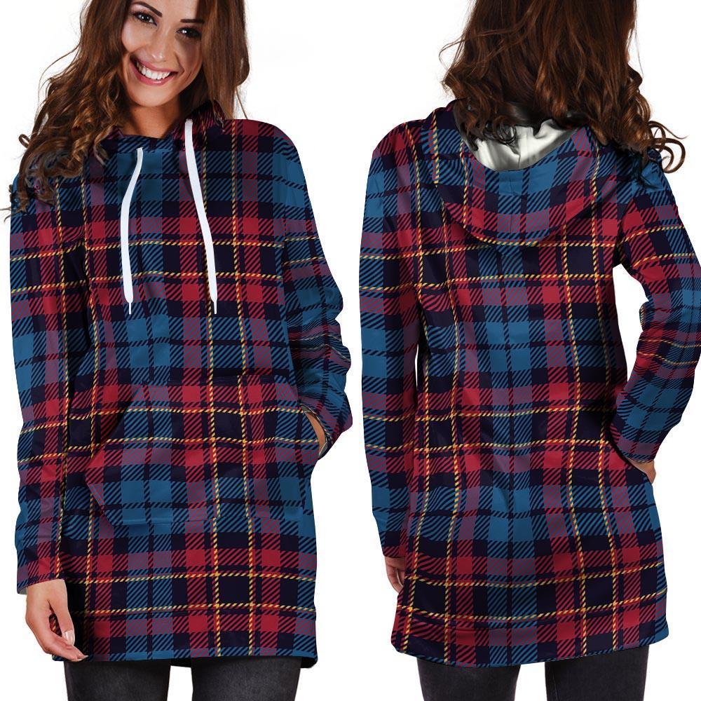 Tartan Red And Blue Plaid Hoodie Dress-grizzshop