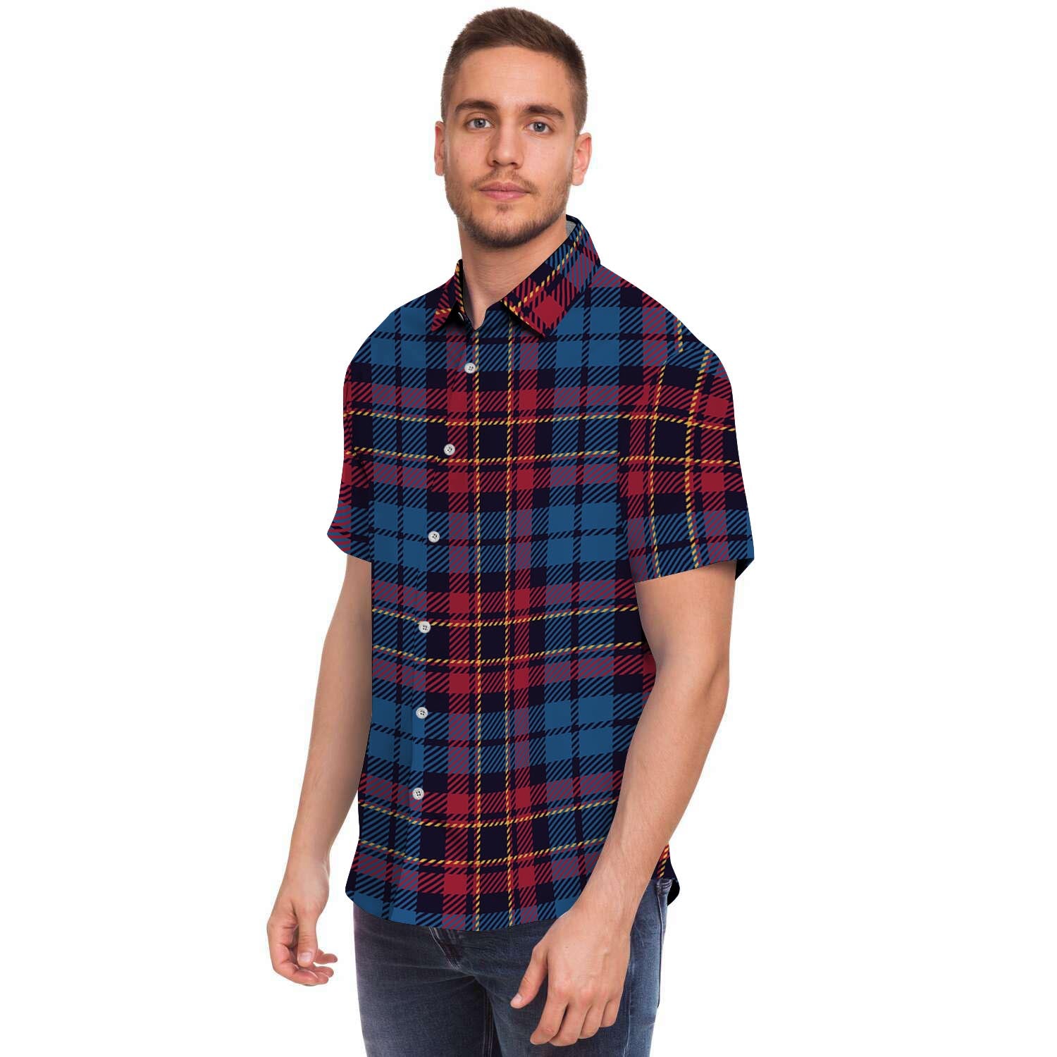 Tartan Red And Blue Plaid Men's Short Sleeve Shirt-grizzshop