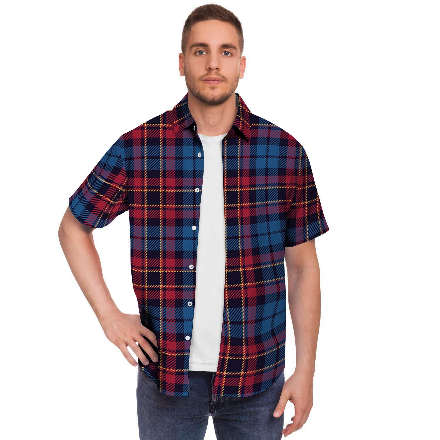 Tartan Red And Blue Plaid Men's Short Sleeve Shirt-grizzshop