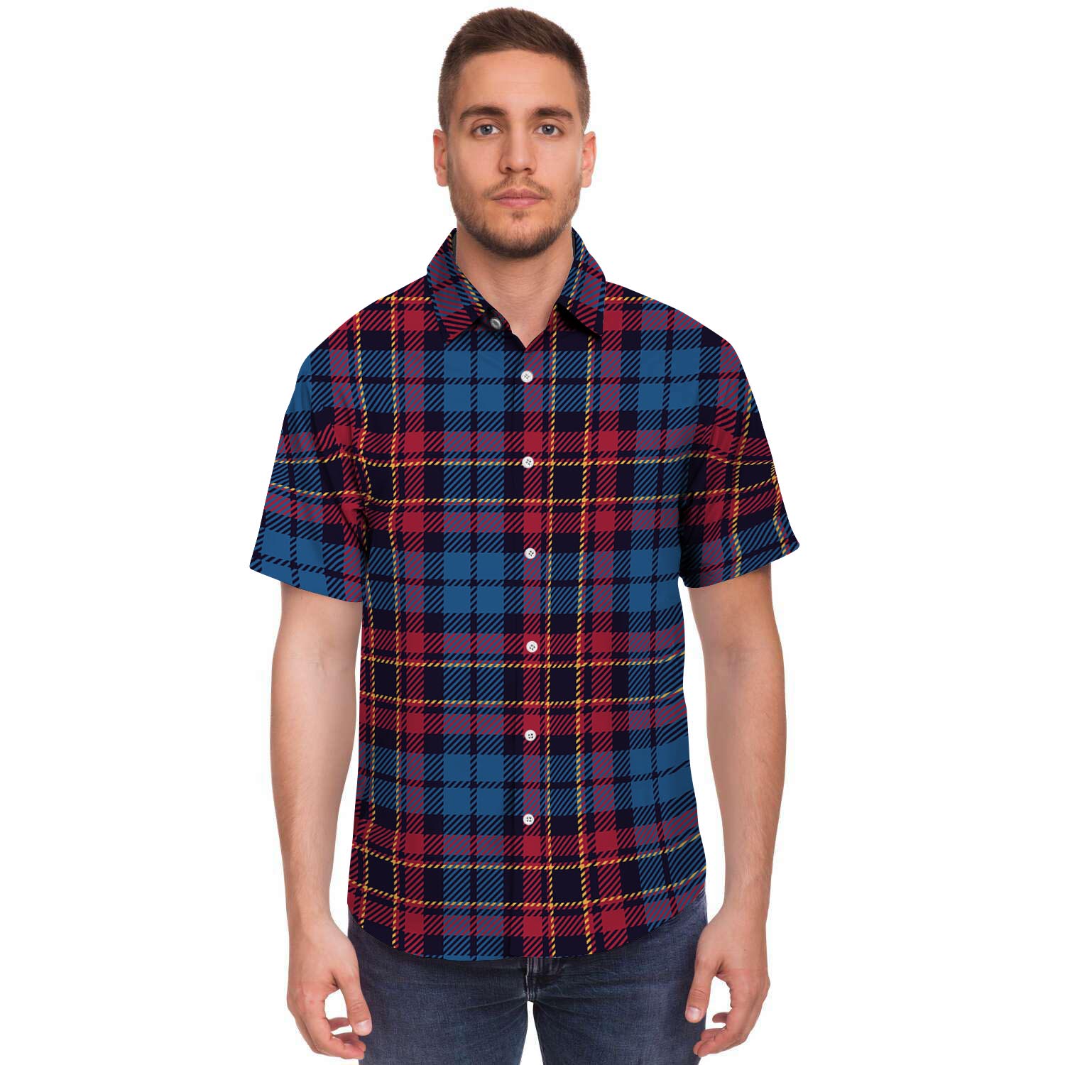 Tartan Red And Blue Plaid Men's Short Sleeve Shirt-grizzshop