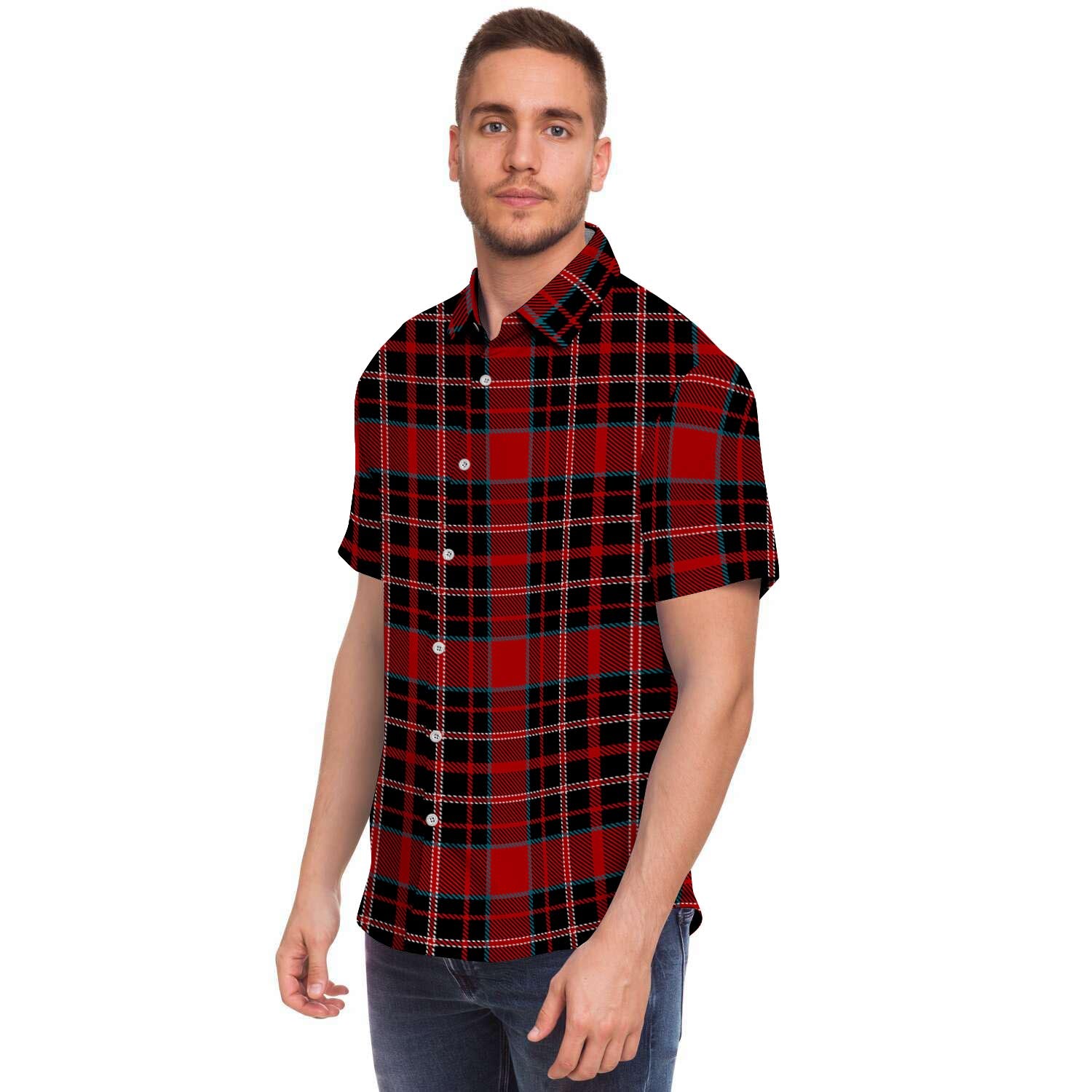 Tartan Red Plaid Men's Short Sleeve Shirt-grizzshop