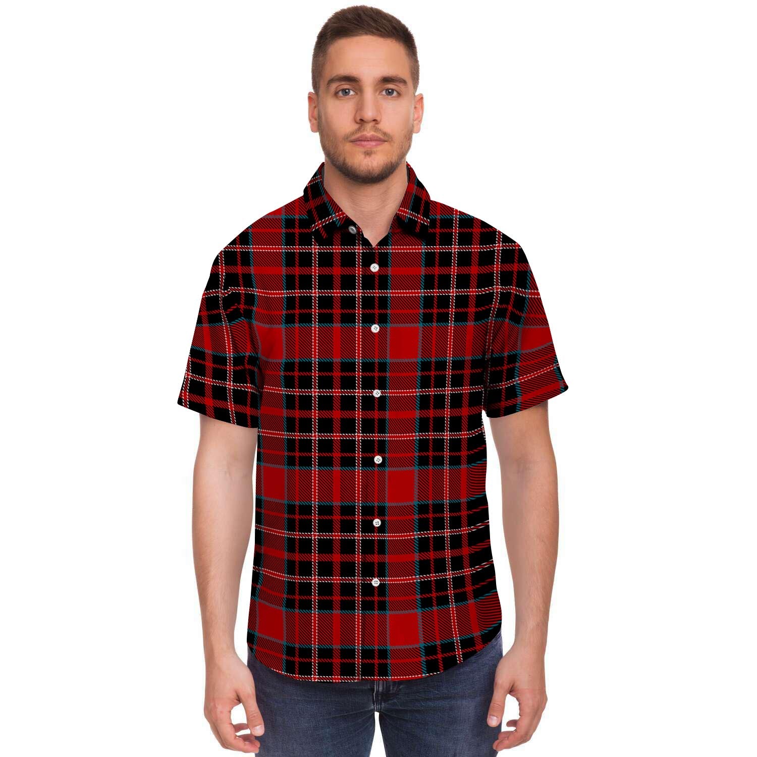 Tartan Red Plaid Men's Short Sleeve Shirt-grizzshop
