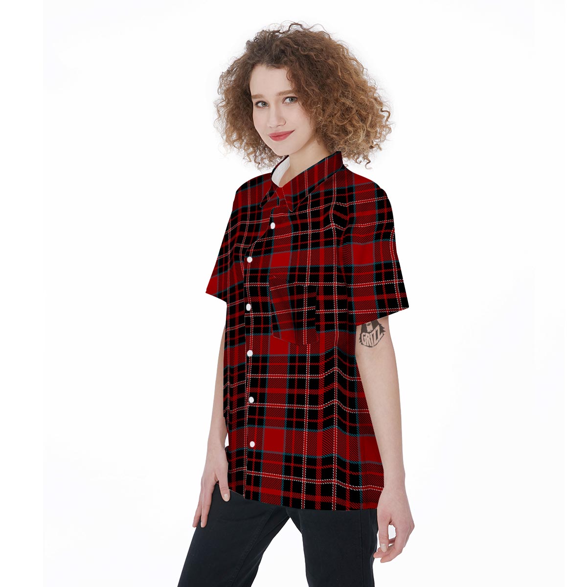 Tartan Red Plaid Women's Short Sleeve Shirts-grizzshop
