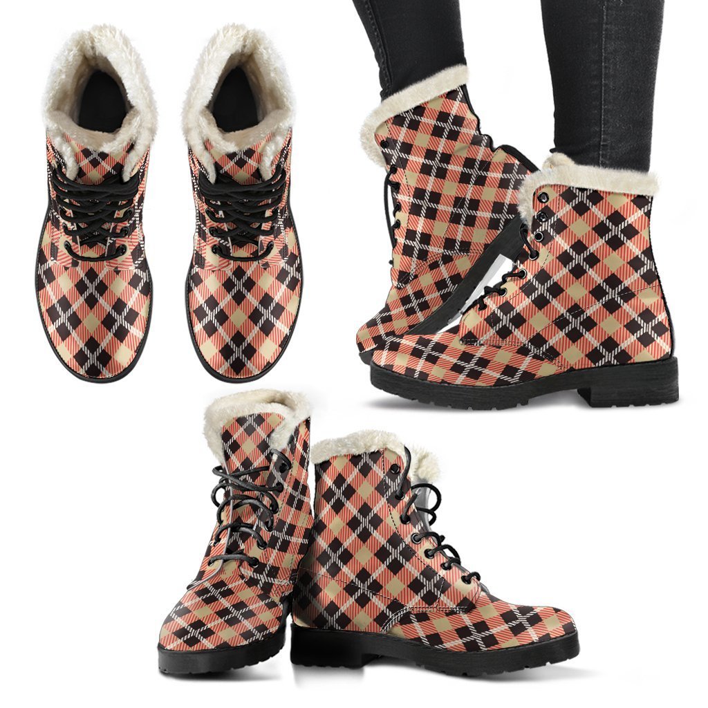 Tartan Scottish Red Beige Plaid Comfy Winter Boots-grizzshop