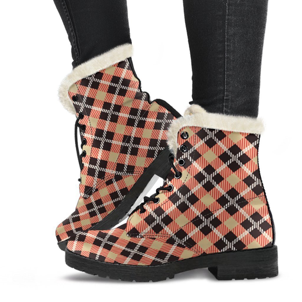 Tartan Scottish Red Beige Plaid Comfy Winter Boots-grizzshop