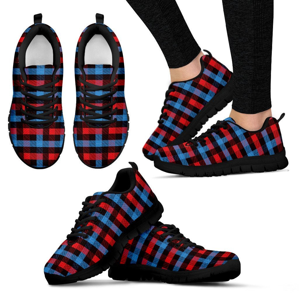 Tartan Scottish Red Blue Plaid Black Sneaker Shoes For Men Women-grizzshop