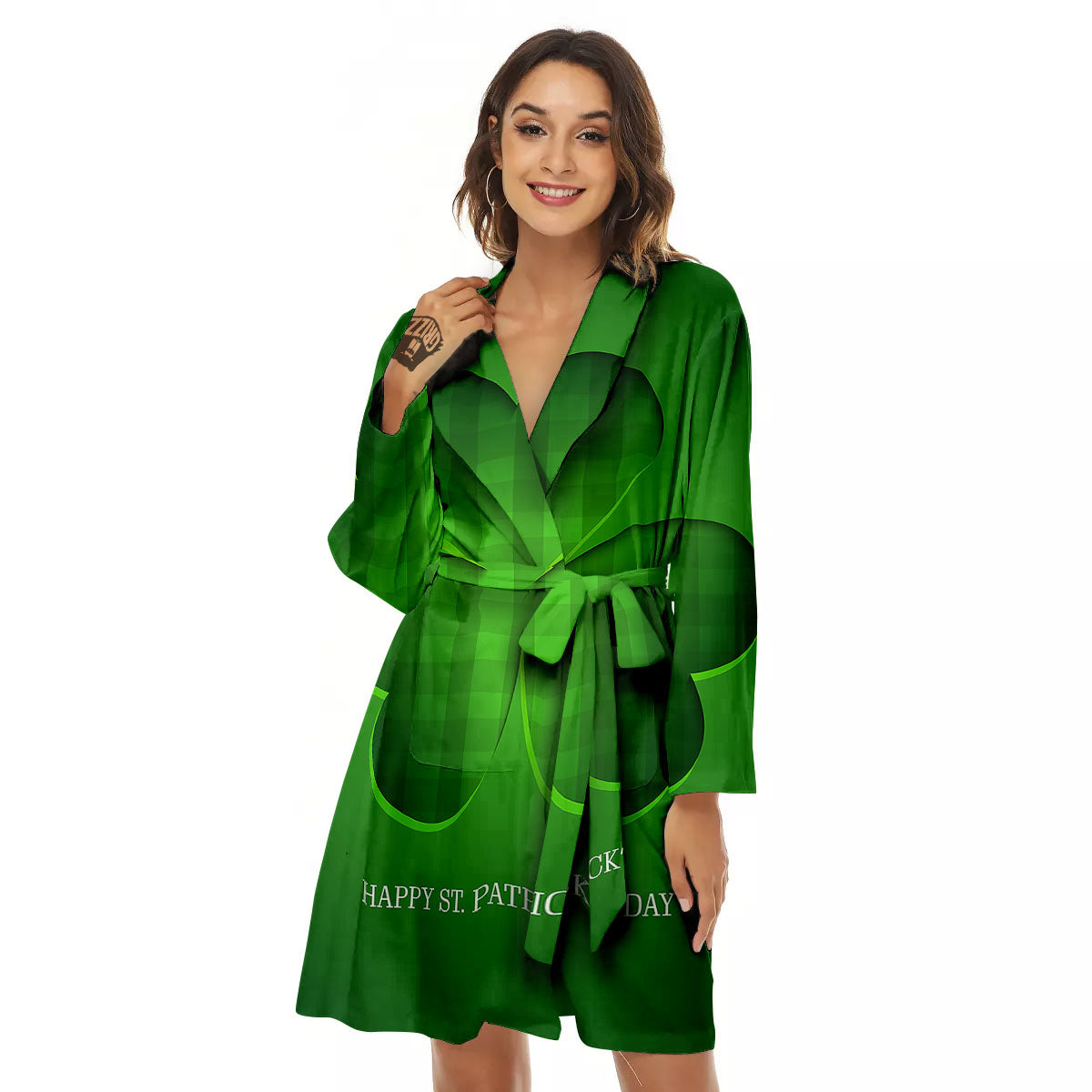 Tartan Shamrock Green Print Women's Robe-grizzshop