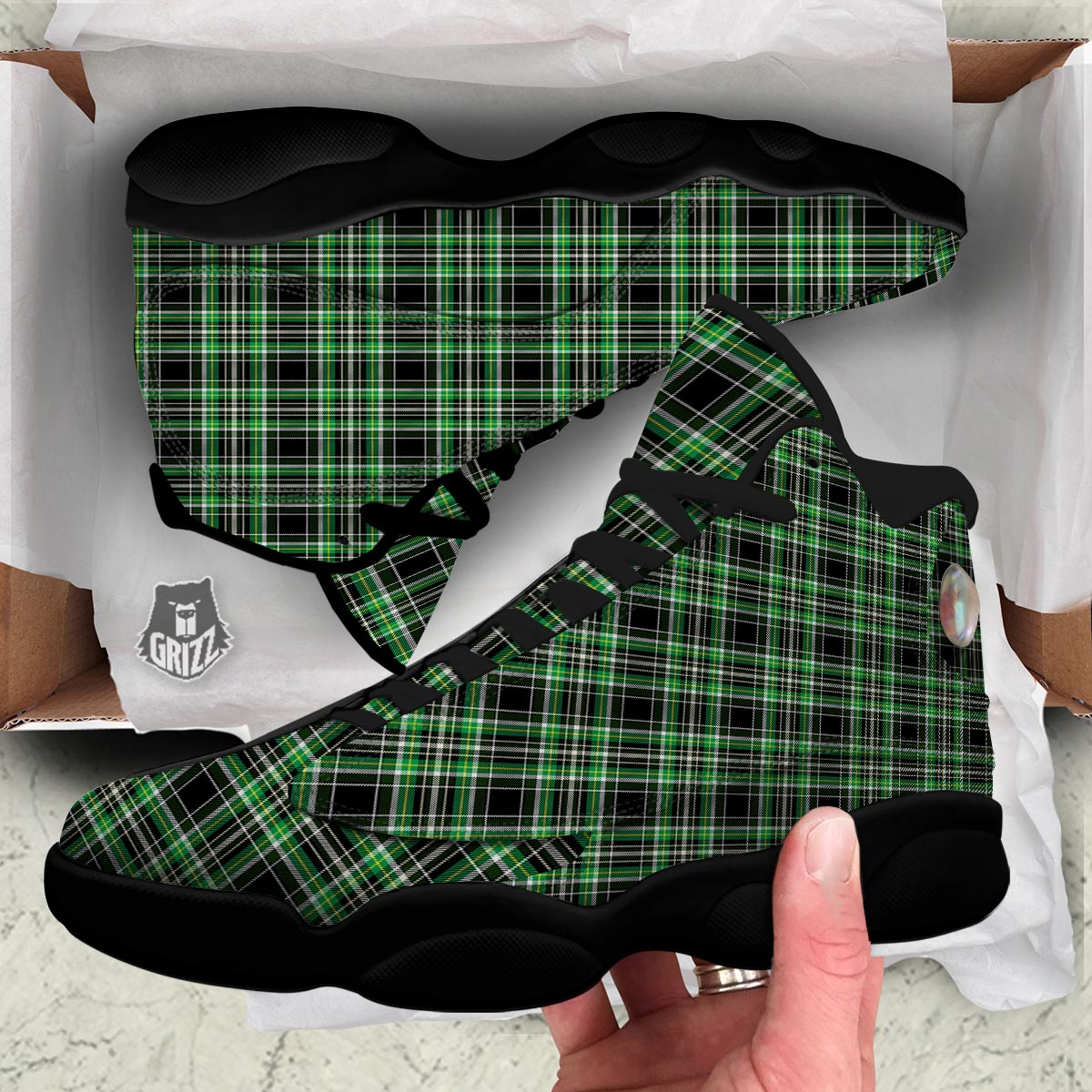 Tartan St. Patrick's Day Print Pattern Black Basketball Shoes-grizzshop