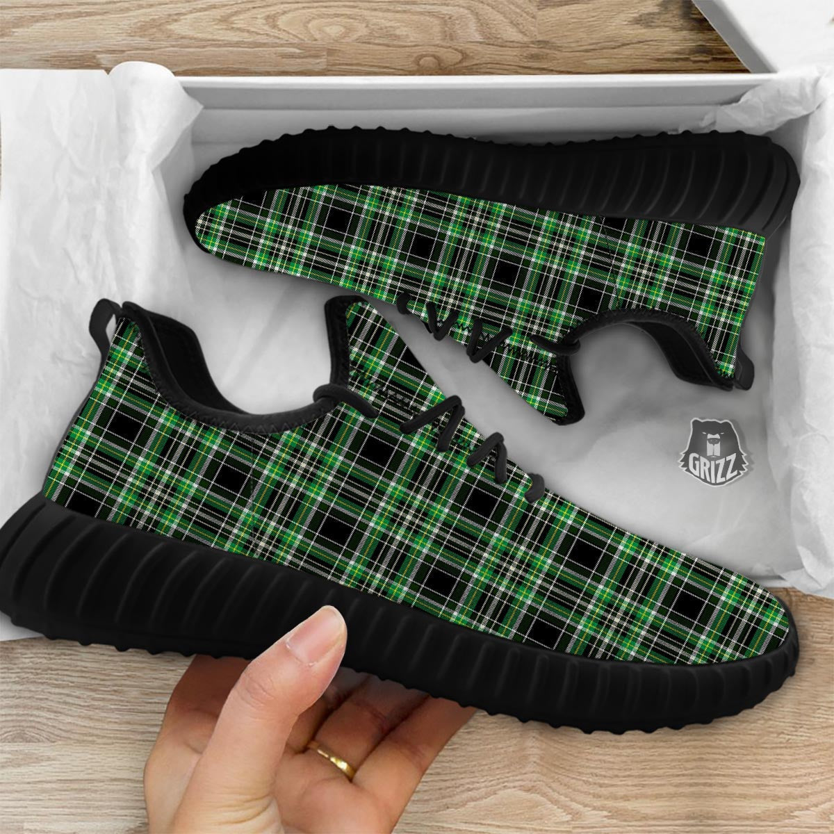 Tartan St. Patrick's Day Print Pattern Black Walking Shoes-grizzshop