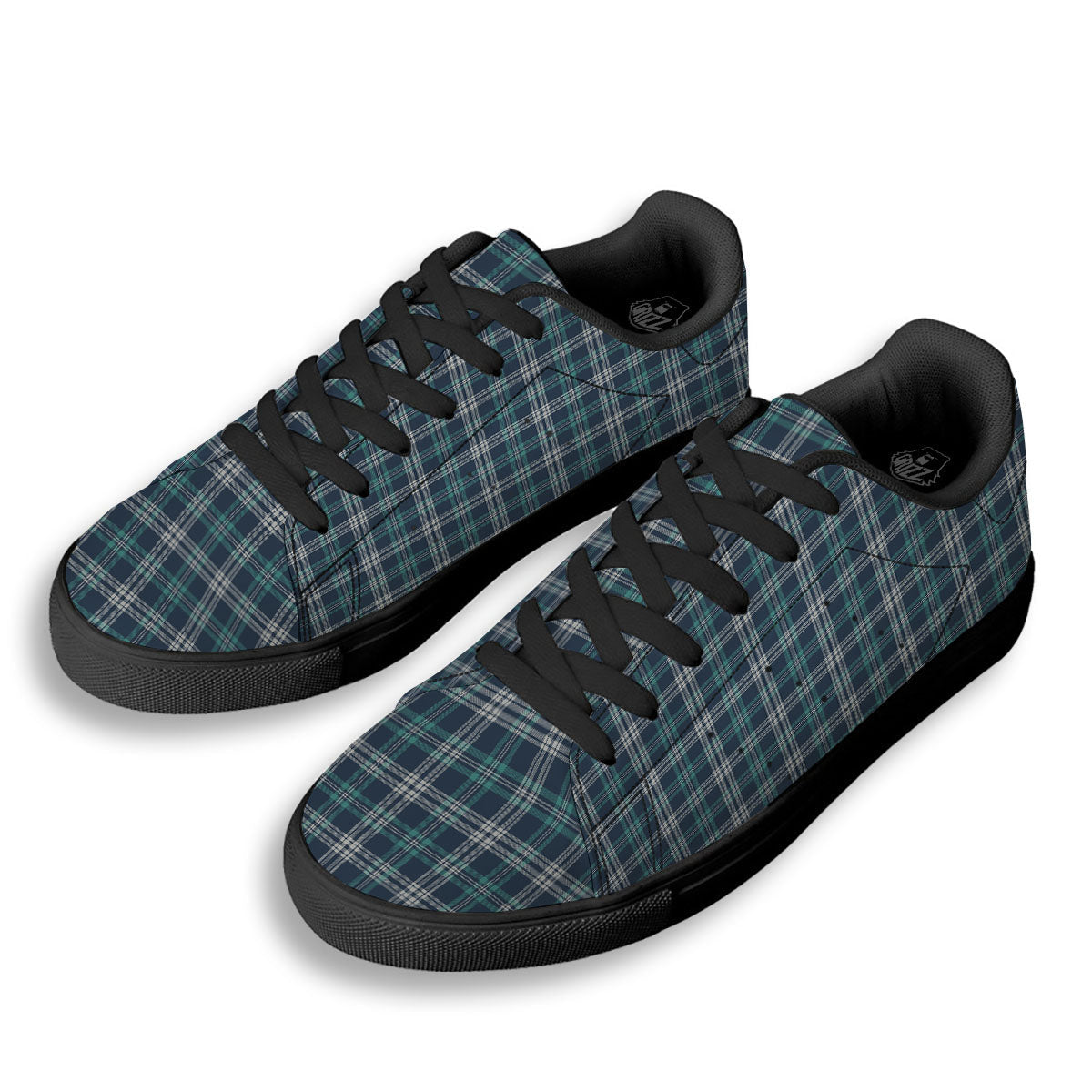 Tartan Teal And Blue Print Pattern Black Low Top Sneakers-grizzshop