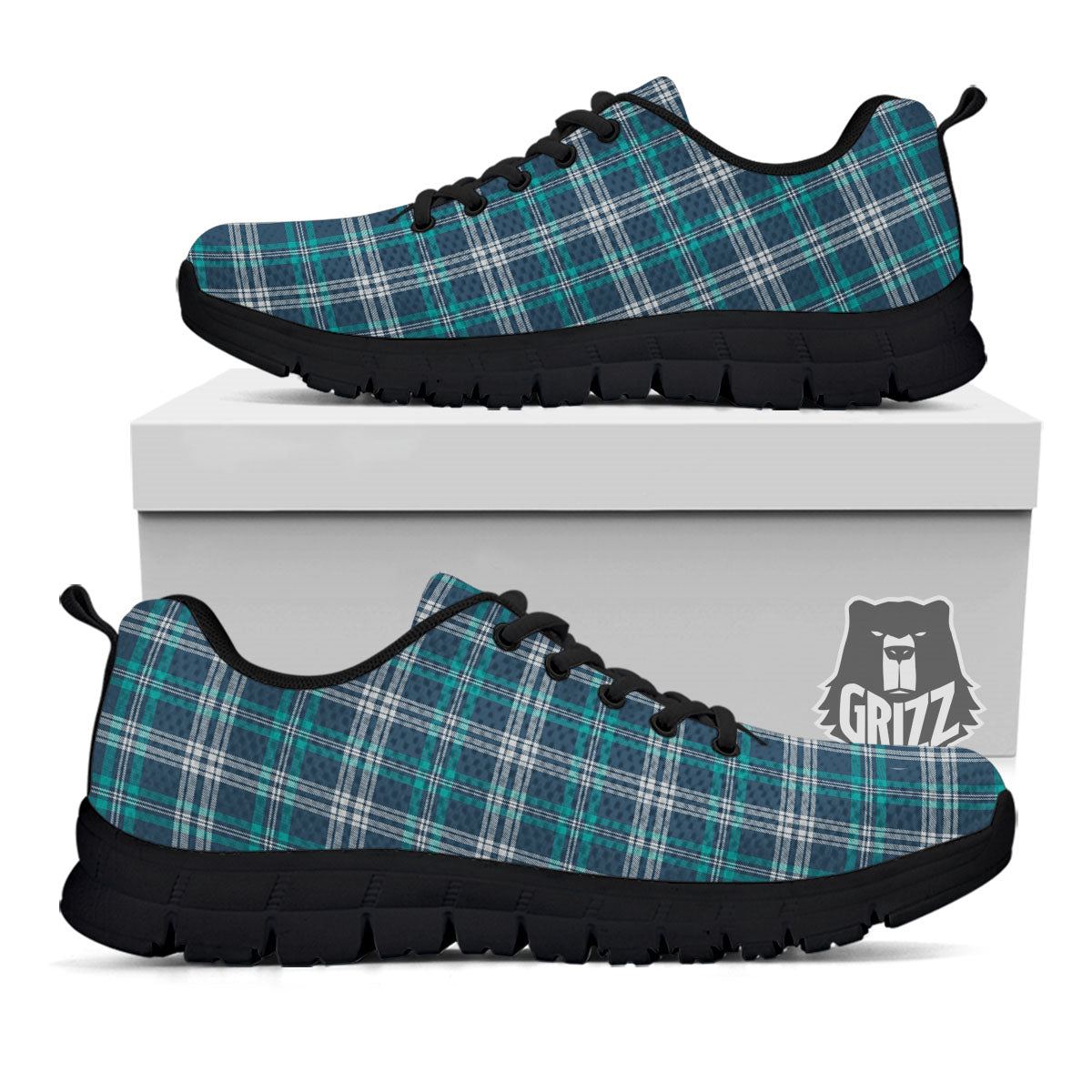 Tartan Teal And Blue Print Pattern Black Sneaker-grizzshop