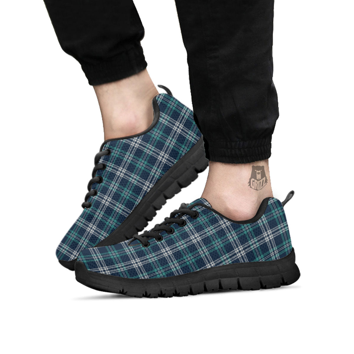 Tartan Teal And Blue Print Pattern Black Sneaker-grizzshop