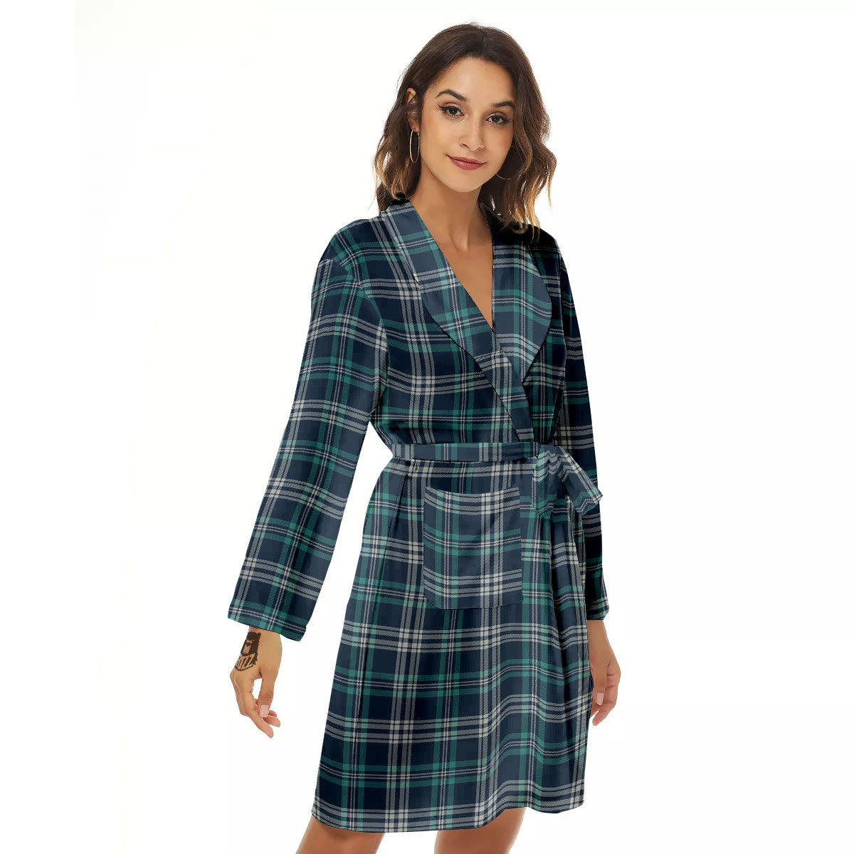 Tartan Teal And Blue Print Pattern Women's Robe-grizzshop