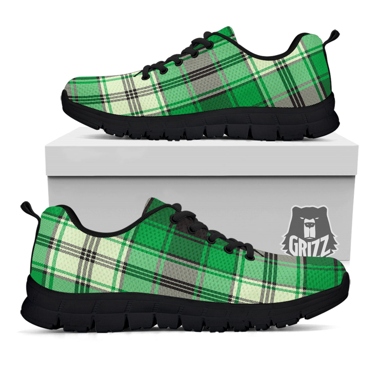 Tartan UFO Green Print Pattern Black Sneaker-grizzshop