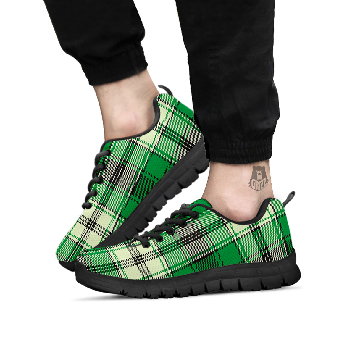 Tartan UFO Green Print Pattern Black Sneaker-grizzshop