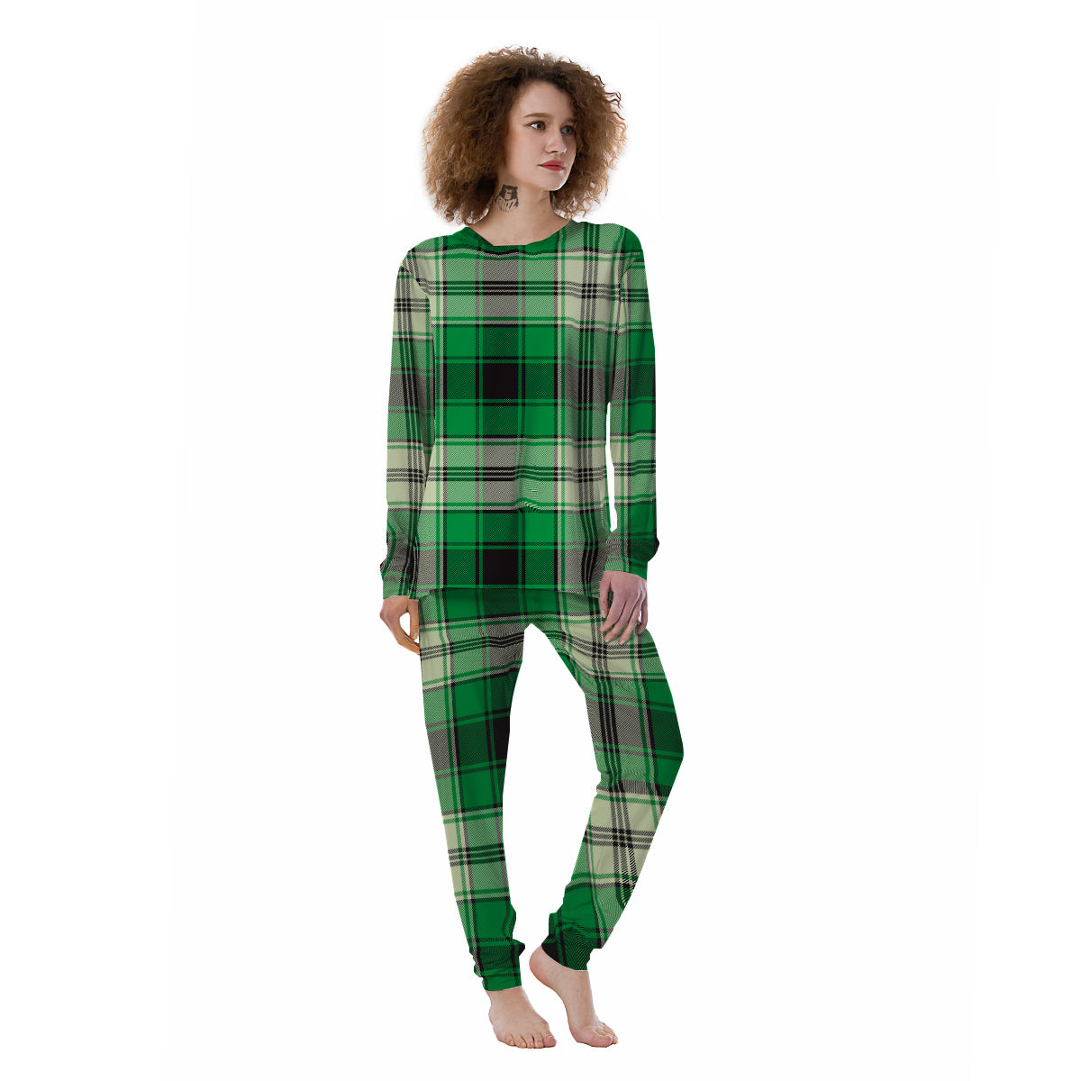 Tartan UFO Green Print Pattern Women's Pajamas-grizzshop