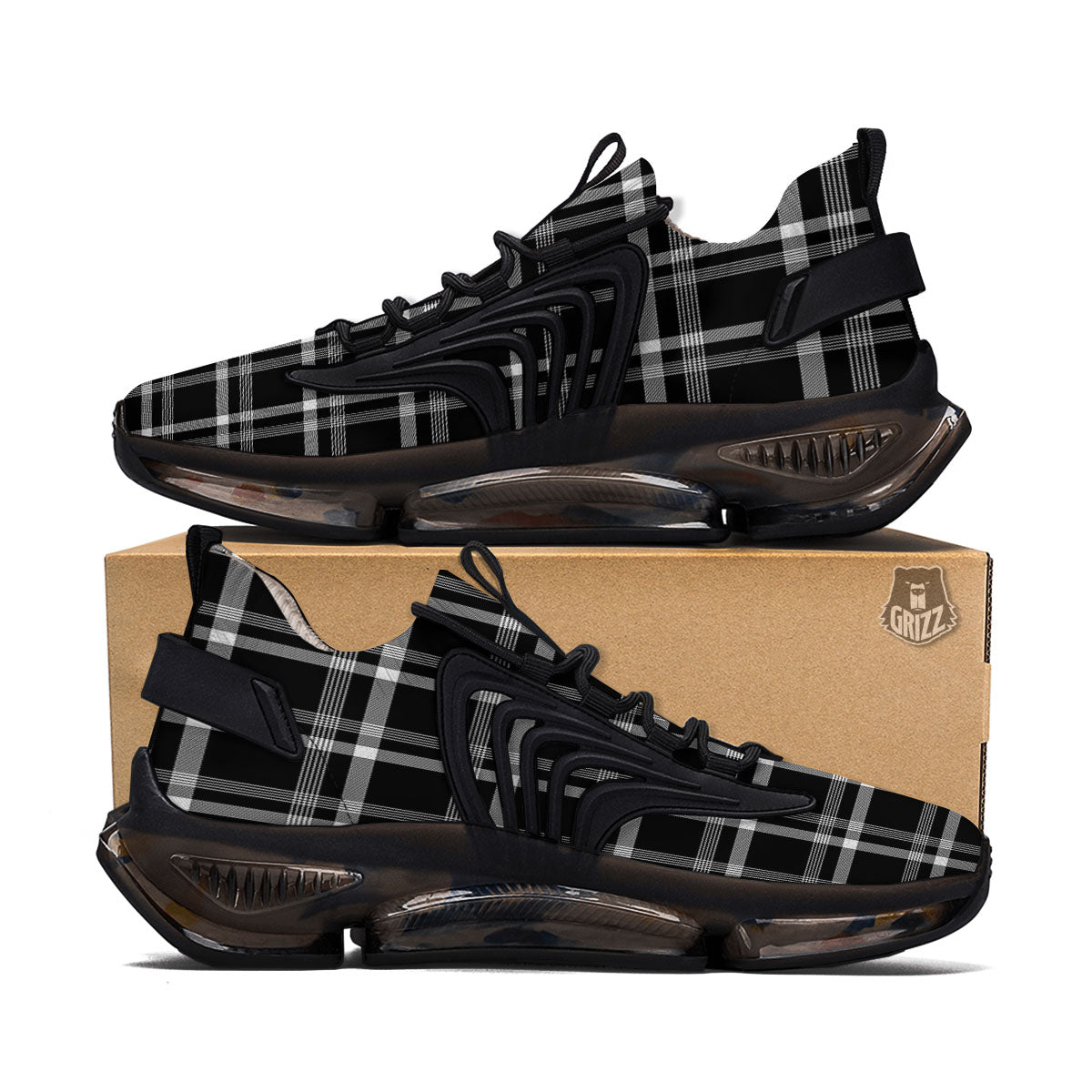 Tartan White And Black Print Pattern Black Gym Shoes-grizzshop