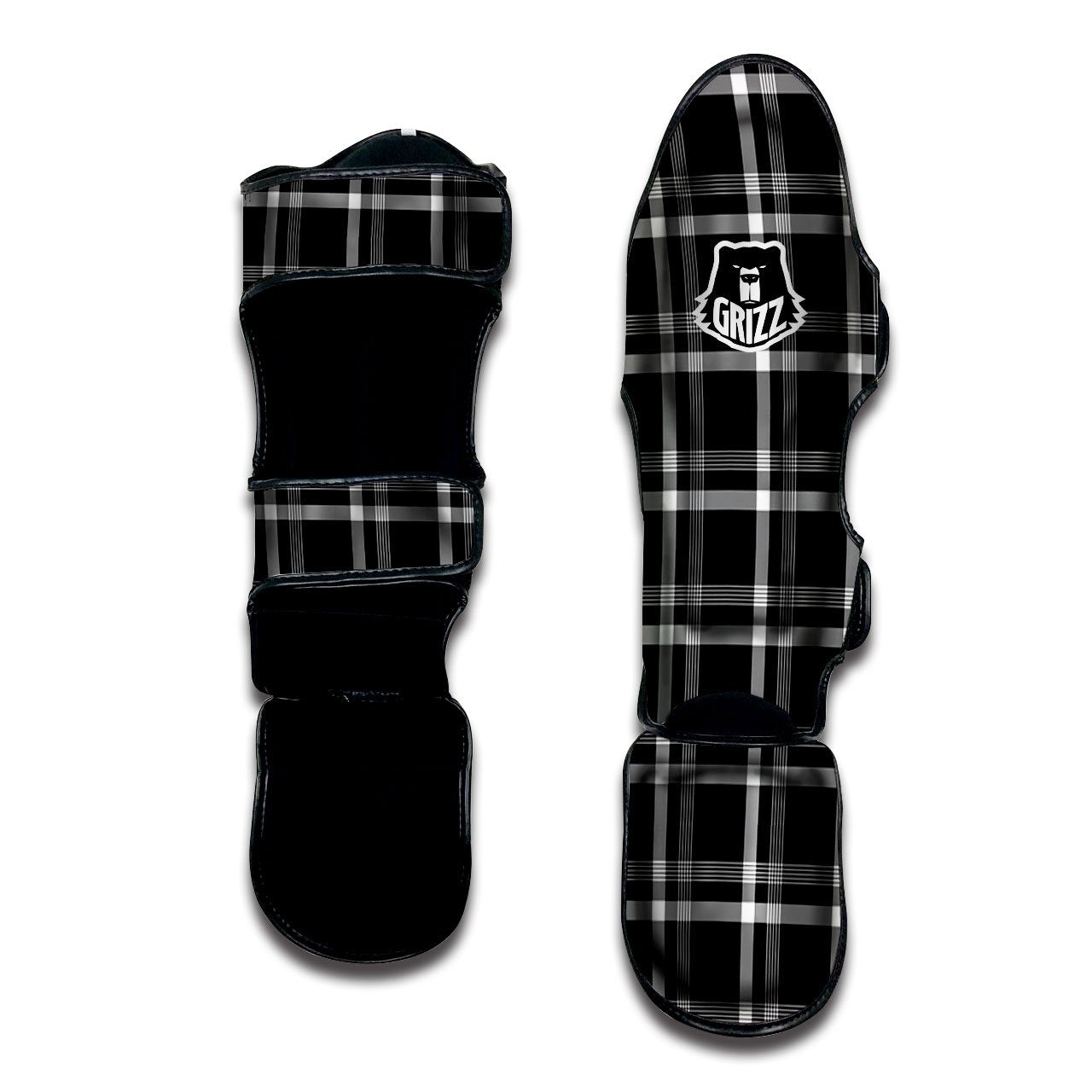 Tartan White And Black Print Pattern Muay Thai Shin Guards-grizzshop