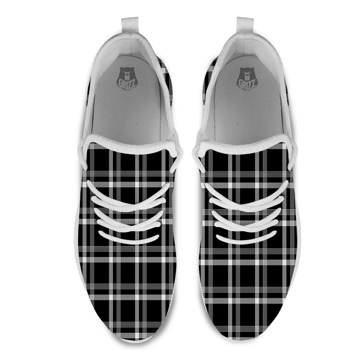 Tartan White And Black Print Pattern White Athletic Shoes-grizzshop