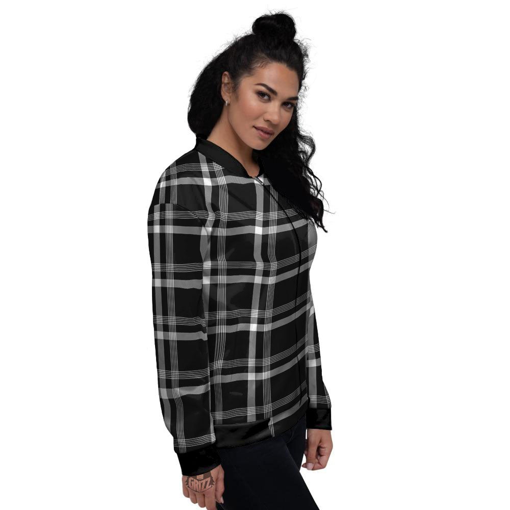 Tartan White And Black Print Pattern Women's Bomber Jacket-grizzshop